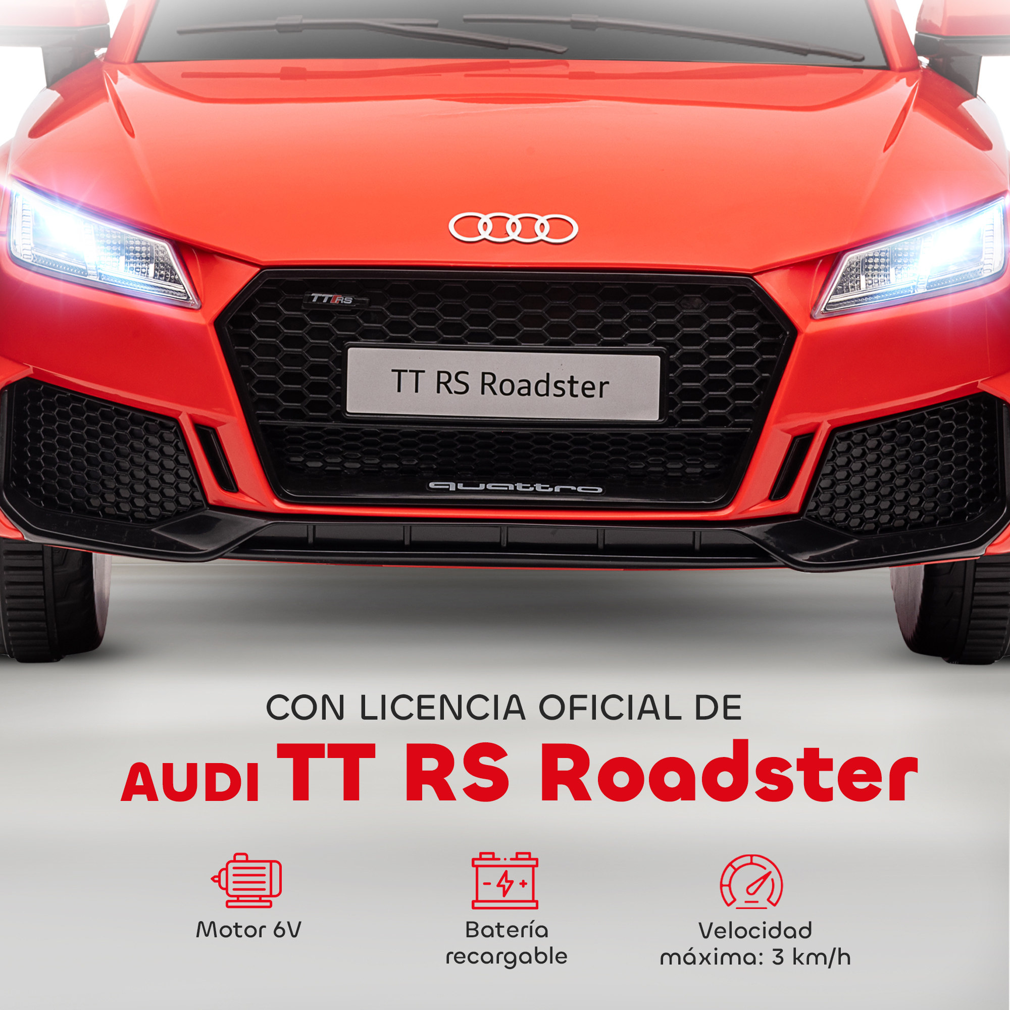 Coche de juguete Audi TT RS Roadster rojo con faros encendidos. Detalles: nombre del modelo, logotipo quattro e información de velocidad.