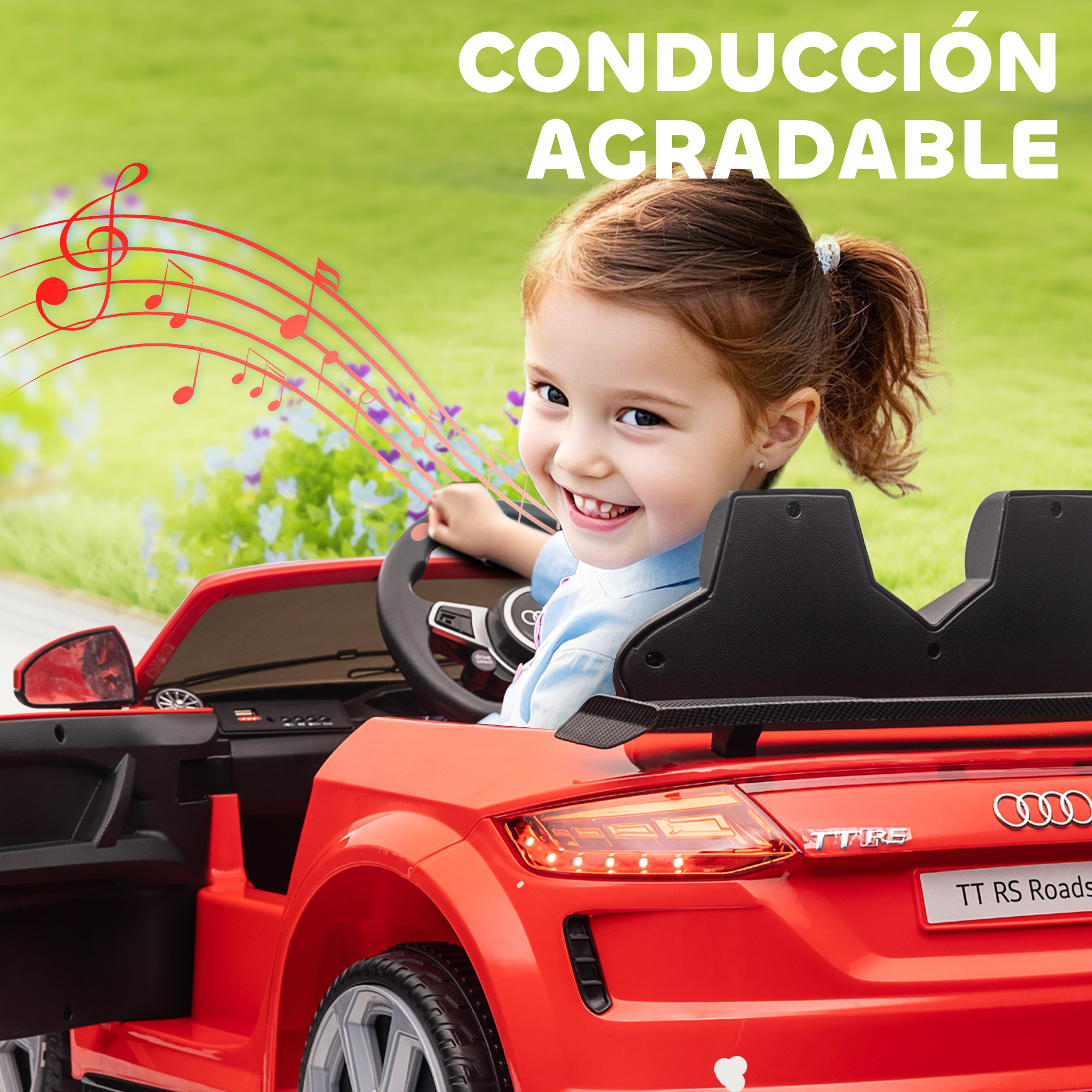 Una niña sonriente conduce un coche de juguete rojo. Notas musicales flotan arriba. El fondo es verde con flores.