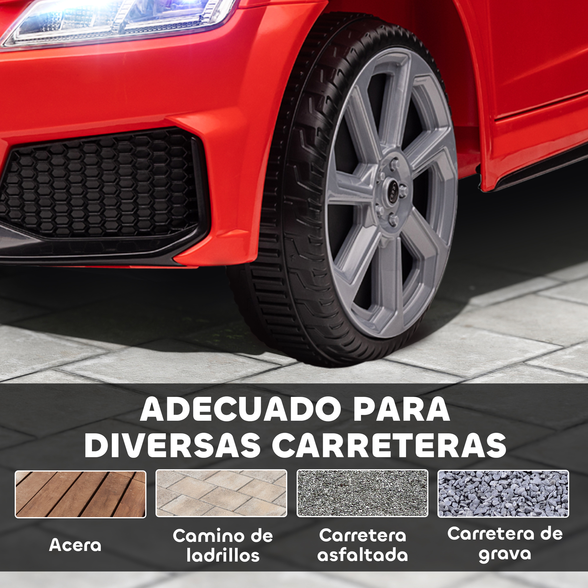 Se ven la parte delantera, la rueda y el neumático de un coche de juguete rojo. El fondo muestra cuatro ejemplos de superficie de carretera: madera, ladrillo, asfalto y grava.