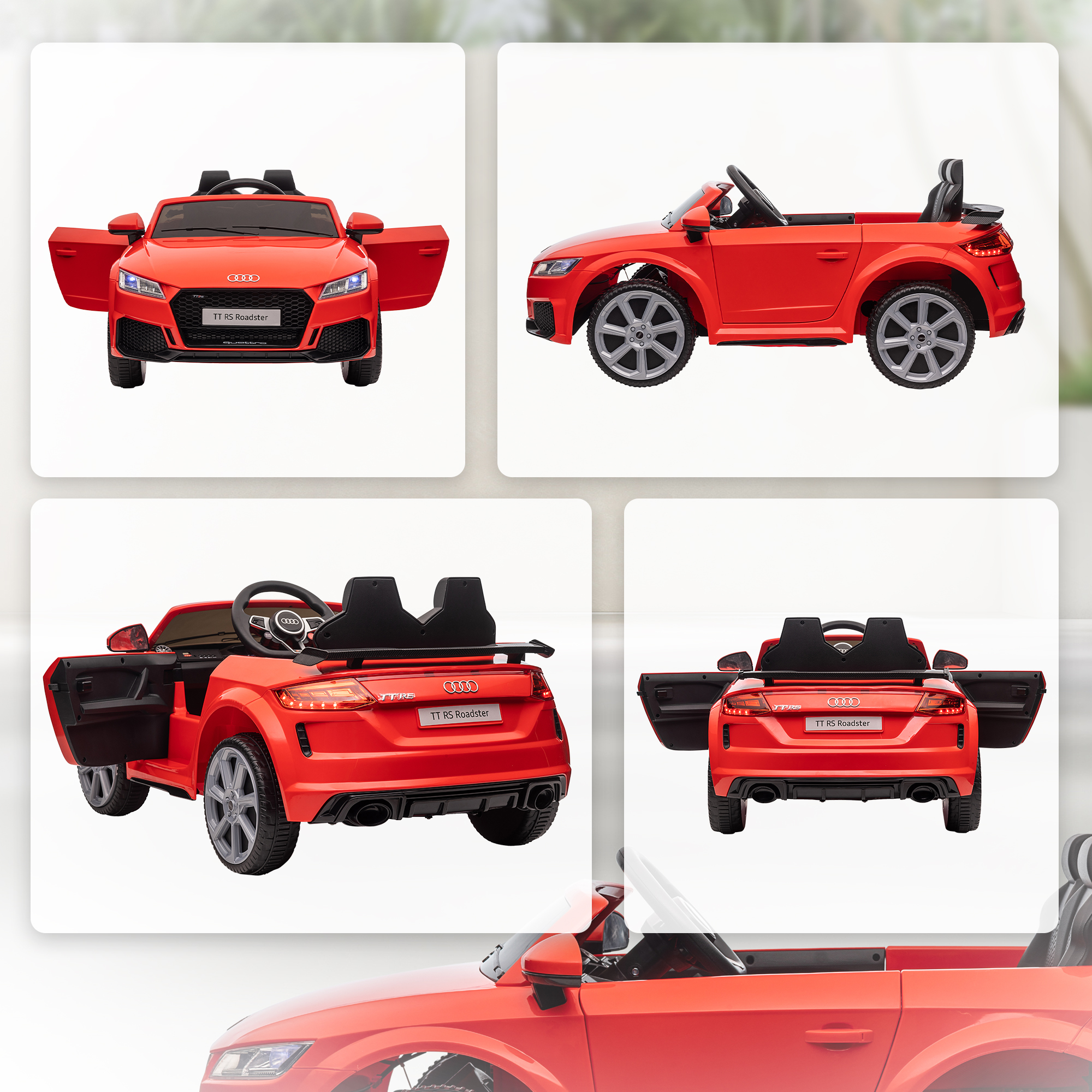 Coche de juguete Audi TT RS Roadster rojo, puertas abiertas. Asientos negros, ruedas grises y fondo blanco. Insignia Quattro.