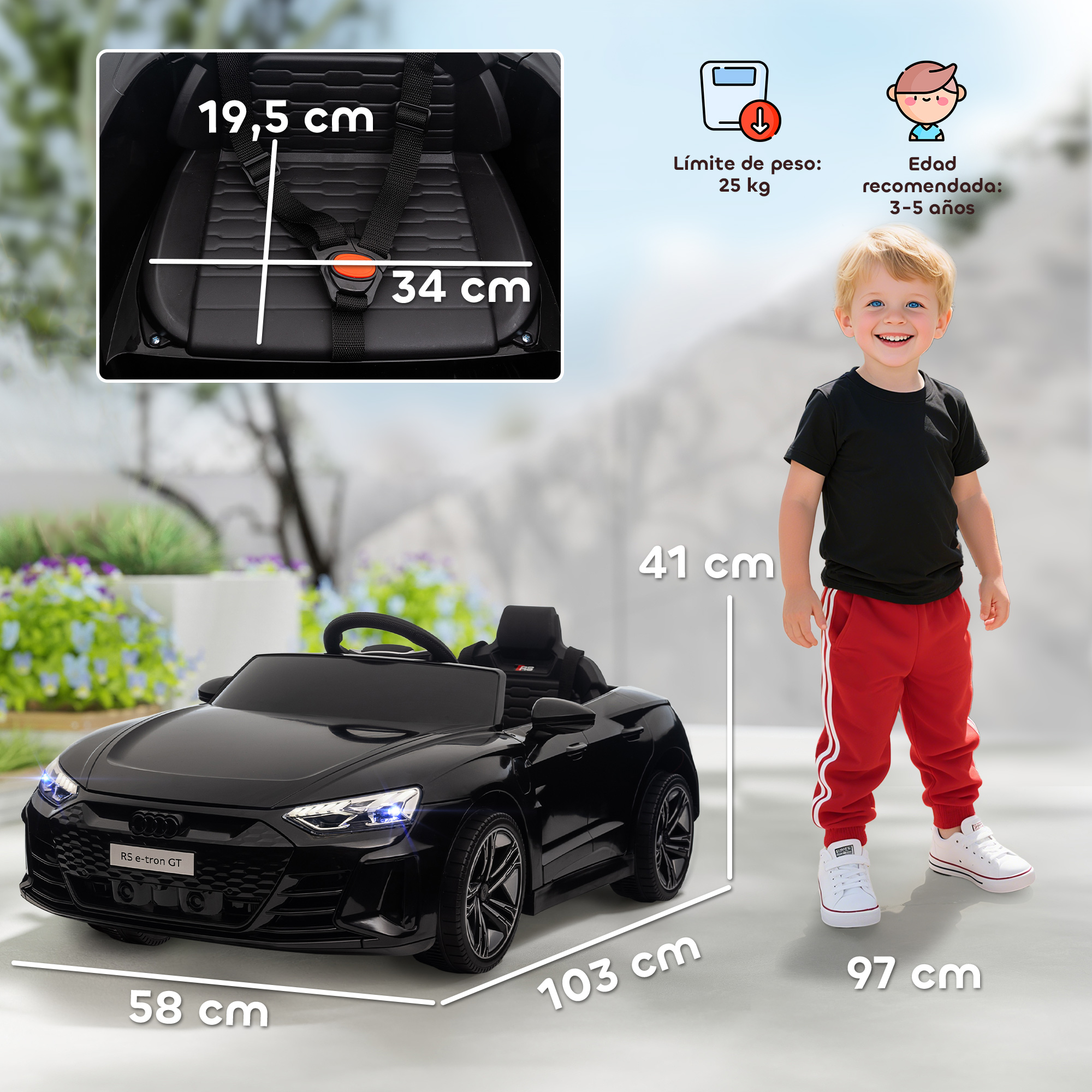 Un coche de juguete negro con un niño al lado. Se muestran las dimensiones. El texto dice: edad recomendada: 3-5 años, límite de peso: 25 kg.