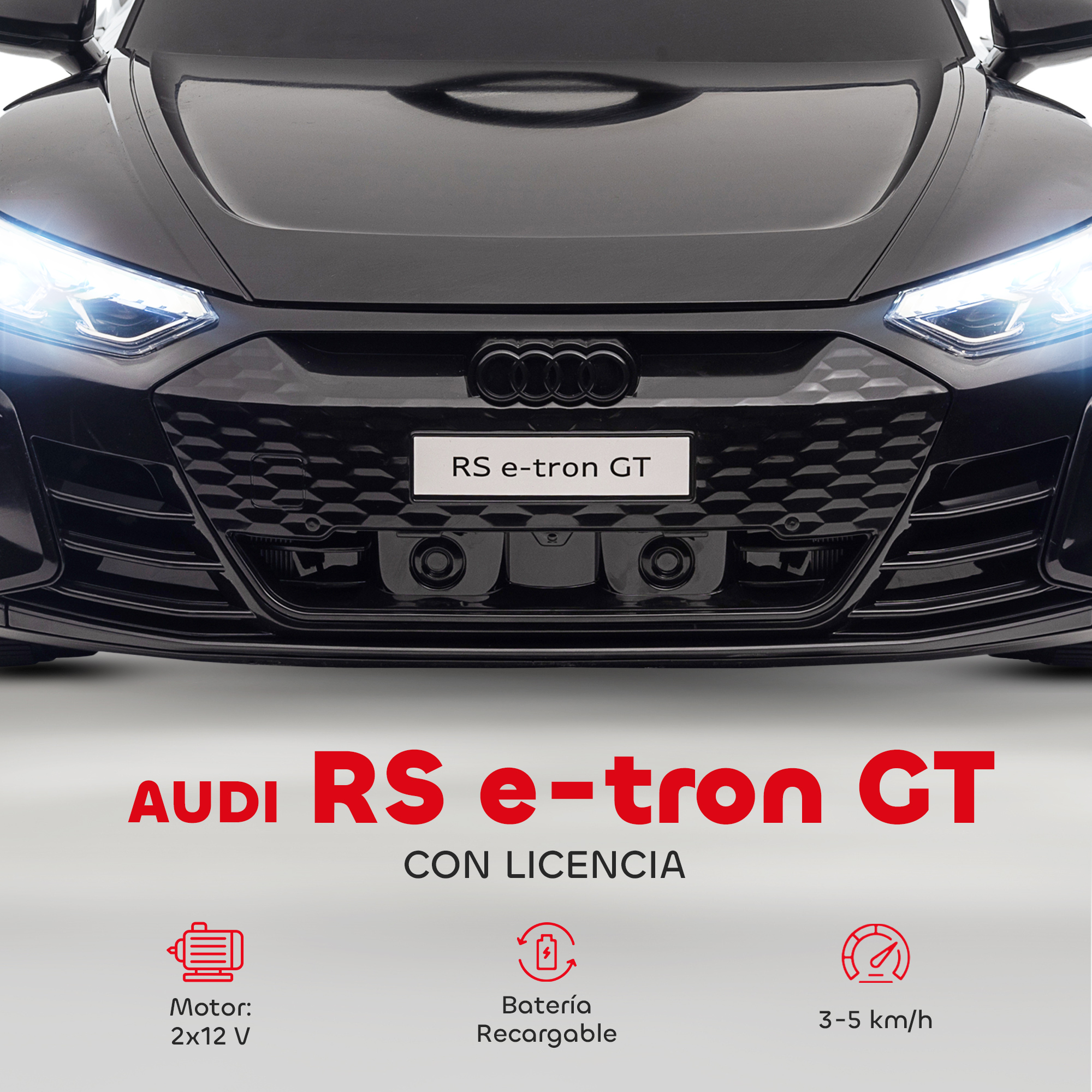 Audi RS e-tron GT negro con faros brillantes. Abajo, texto: 'AUDI RS e-tron GT CON LICENCIA'.