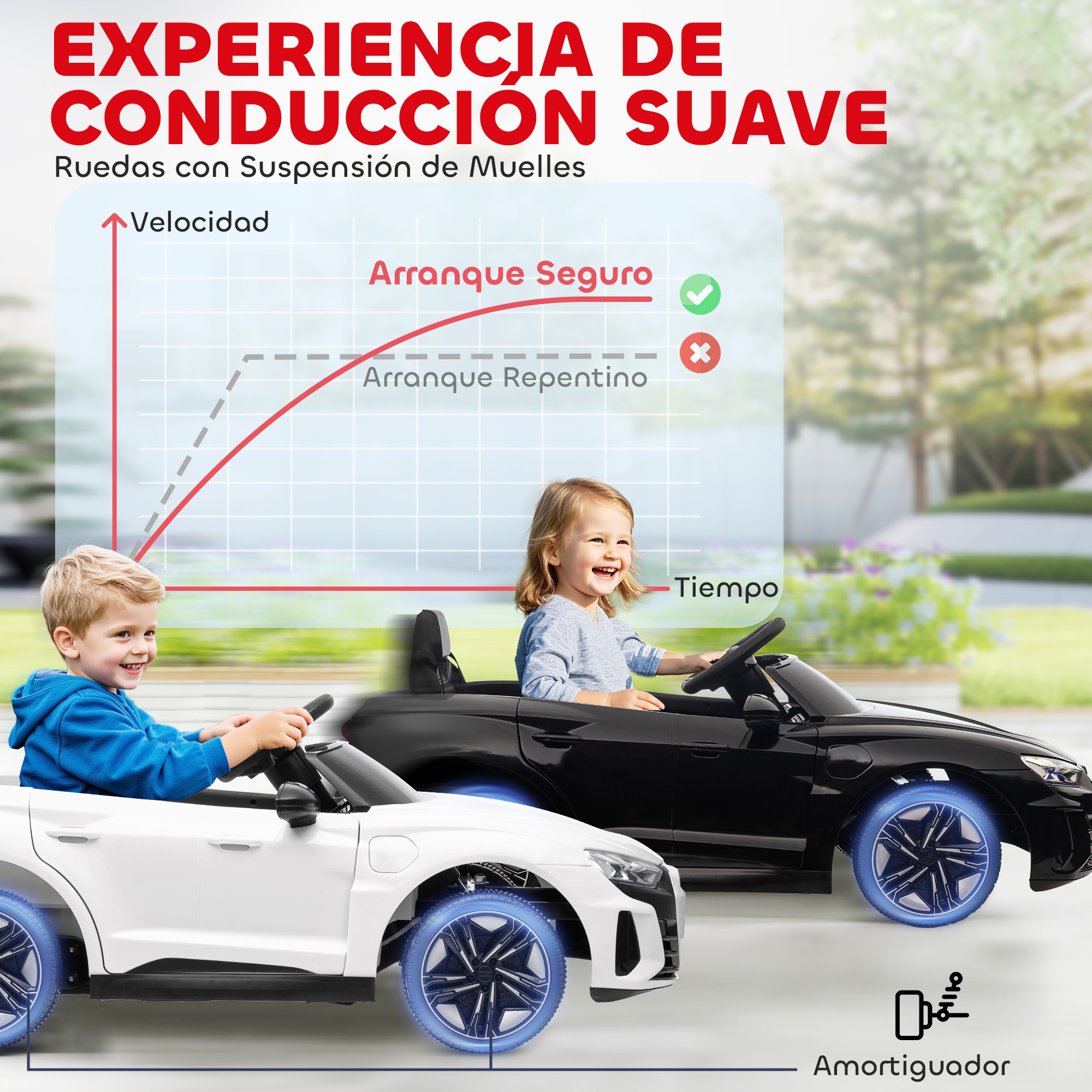 Dos niños en coches de juguete. Un gráfico compara arranques seguros vs. rápidos. El texto dice 'experiencia de conducción suave'.