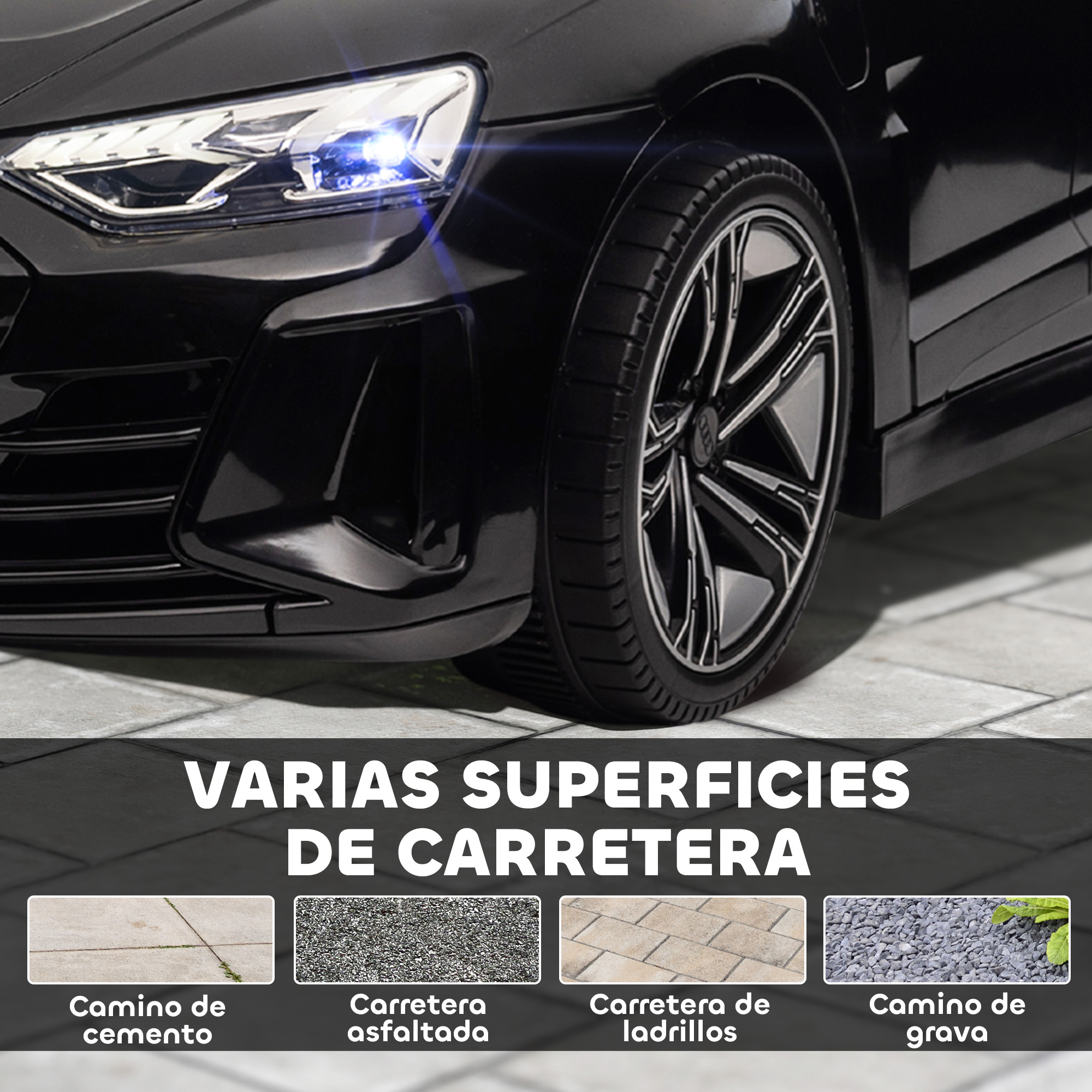 Parte delantera de un coche negro con faro brillante y neumático sobre superficie gris. Ejemplos de superficies: cemento, asfalto, ladrillo, grava.