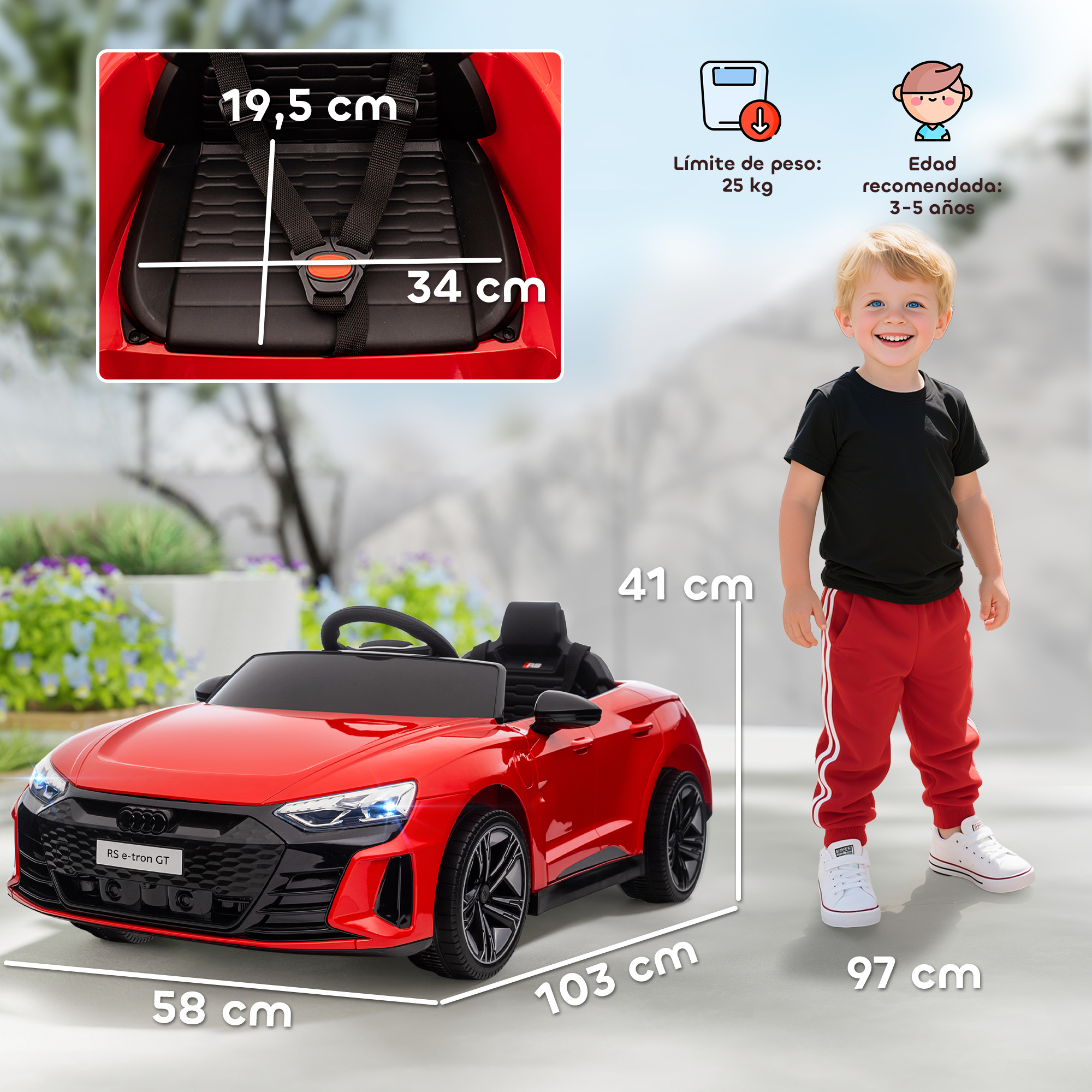 Un coche de juguete rojo con dimensiones, un niño sonriente con pantalones rojos y un gráfico que indica límite de peso.