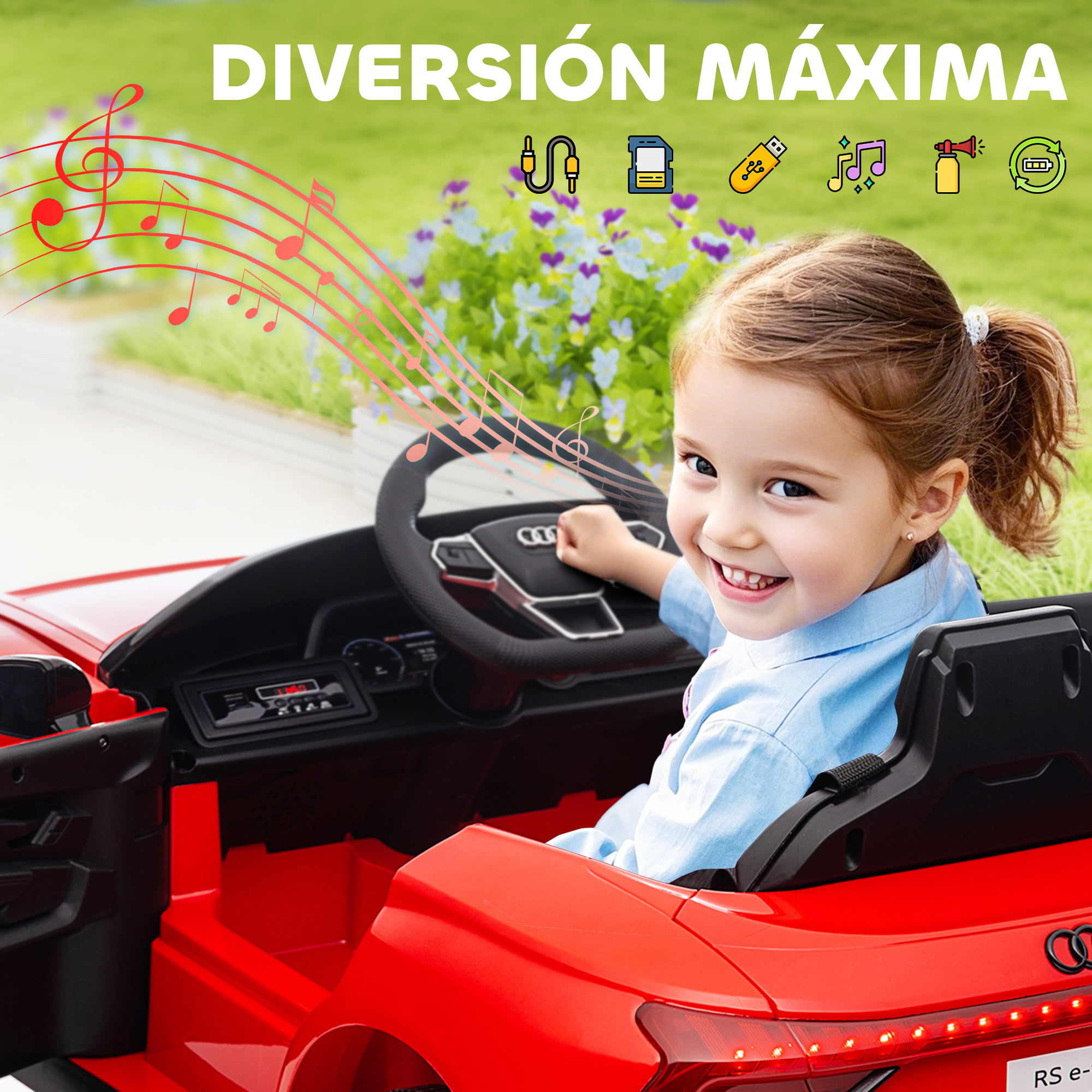 Una niña sonriente con camisa azul está en un coche de juguete rojo. Notas musicales sobre la imagen, con flores de fondo.