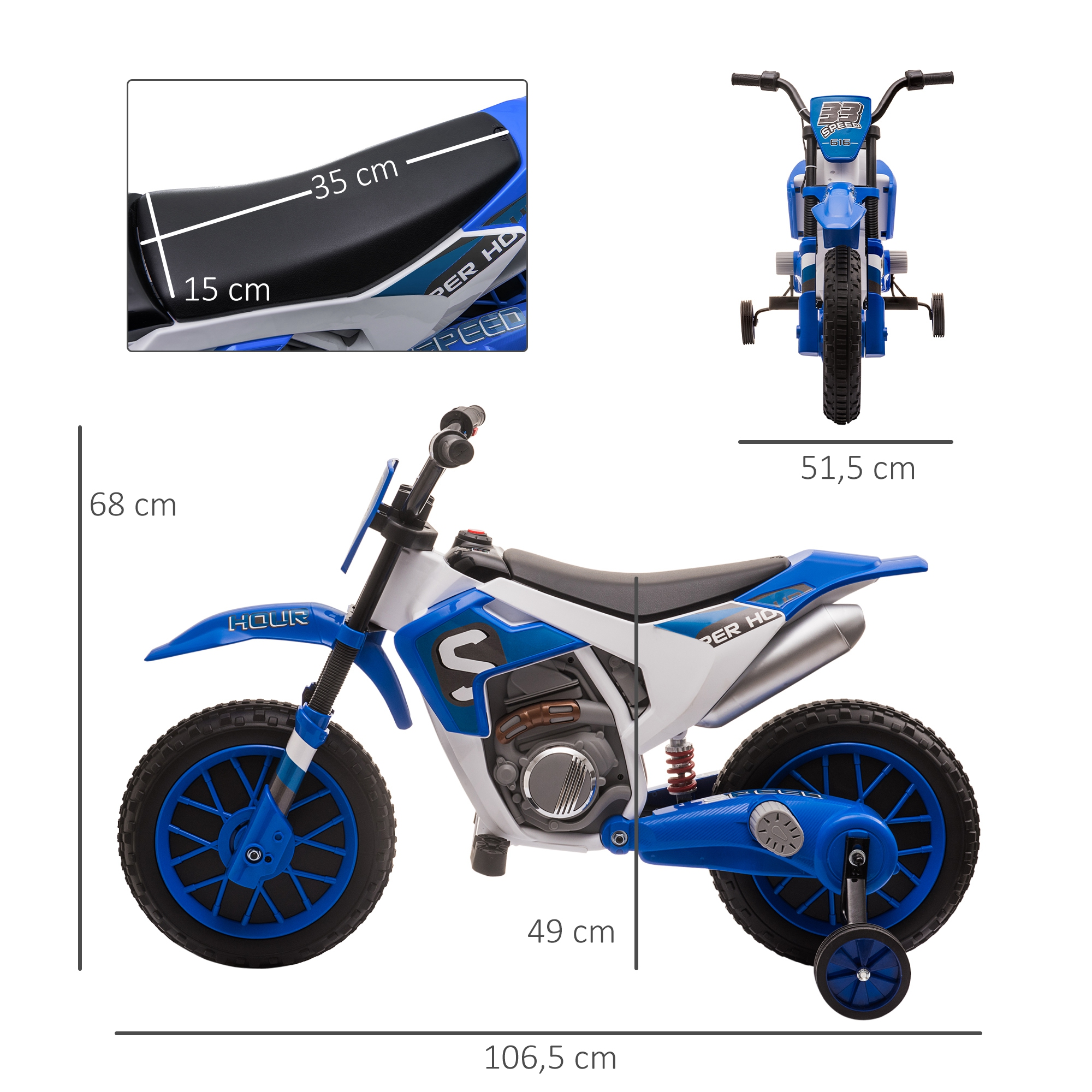 Una moto de juguete azul y blanca con ruedas de entrenamiento. Se proporcionan dimensiones, incluyendo 106,5 cm de largo y 68 cm de alto.