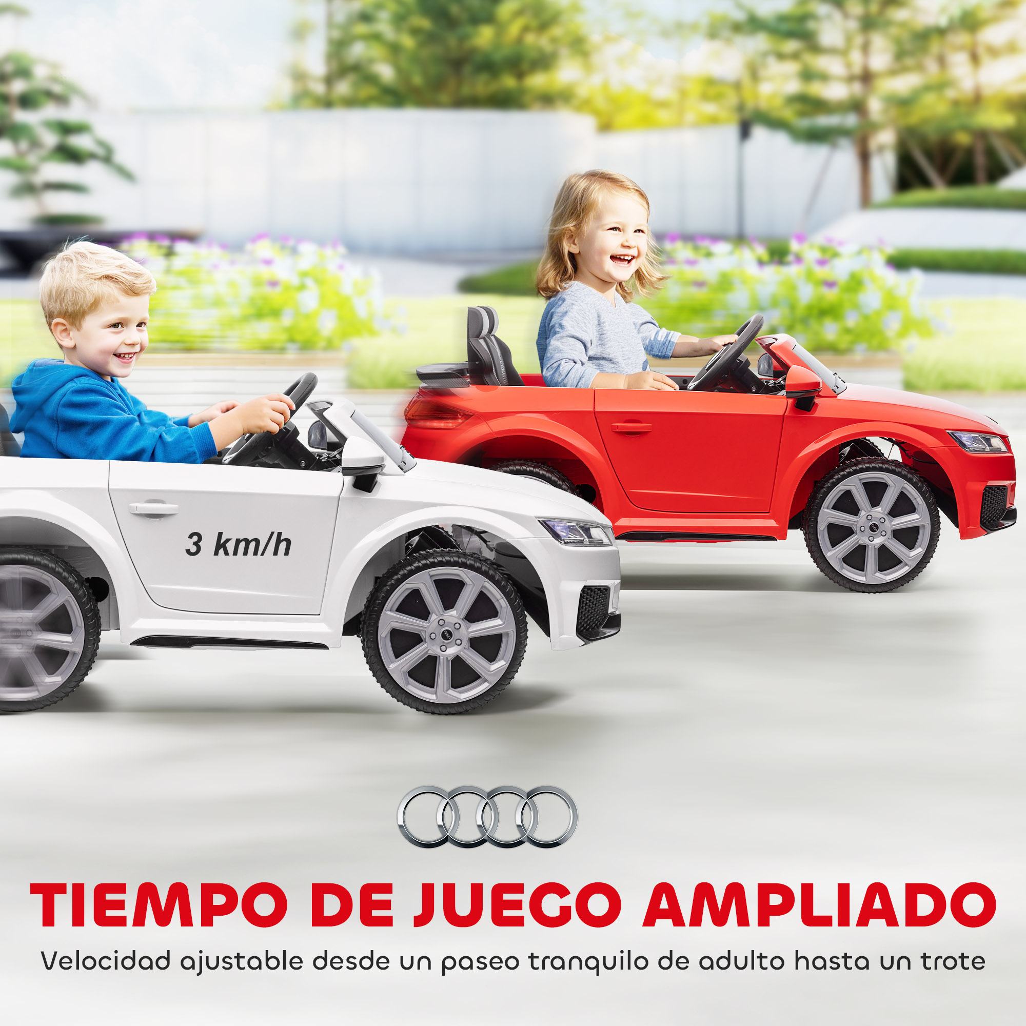 Dos niños en coches de juguete. Uno blanco, uno rojo. Niños sonriendo. Fondo de árboles verdes y texto sobre velocidad ajustable.