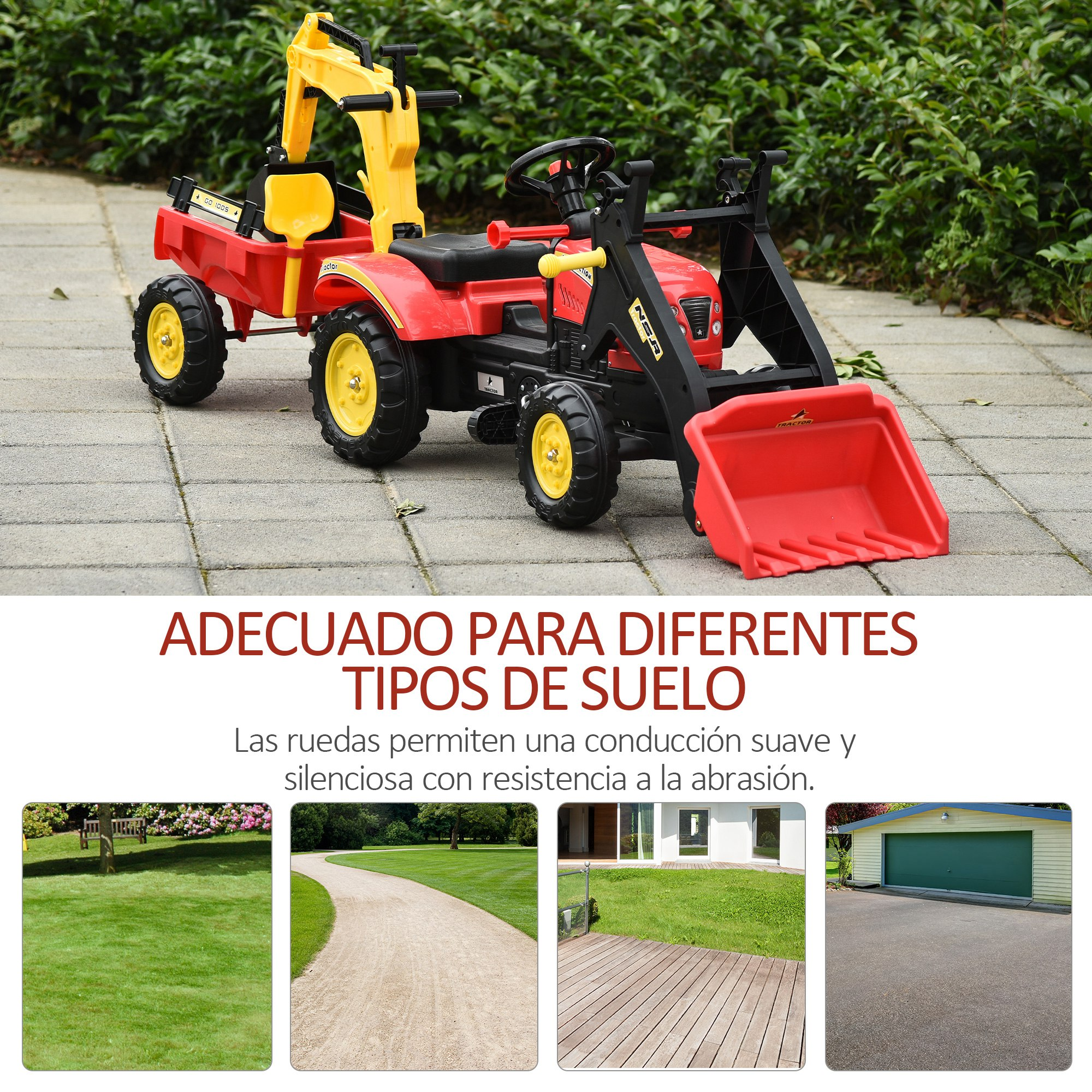 Un tractor de juguete rojo y amarillo con cargador frontal y remolque sobre una superficie pavimentada.
