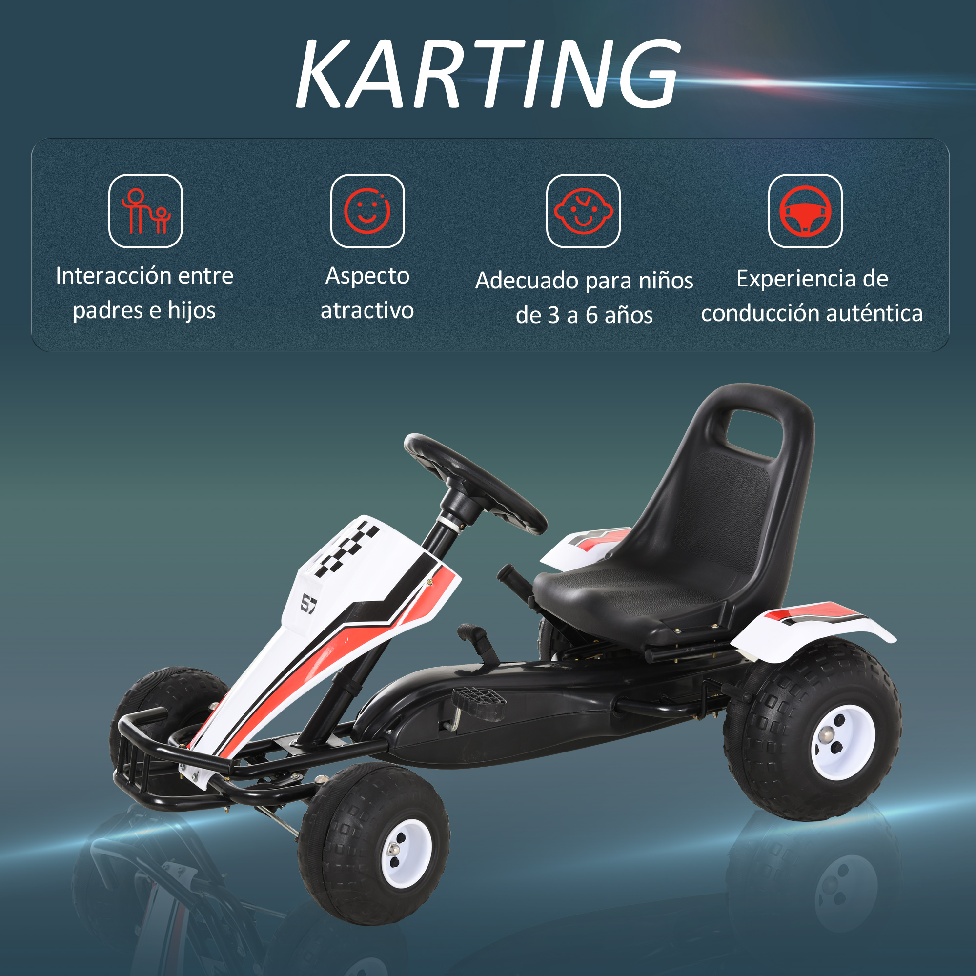 Un kart a pedales con marco negro, detalles blancos, rayas rojas y cuatro ruedas grandes. La imagen incluye texto sobre sus características.