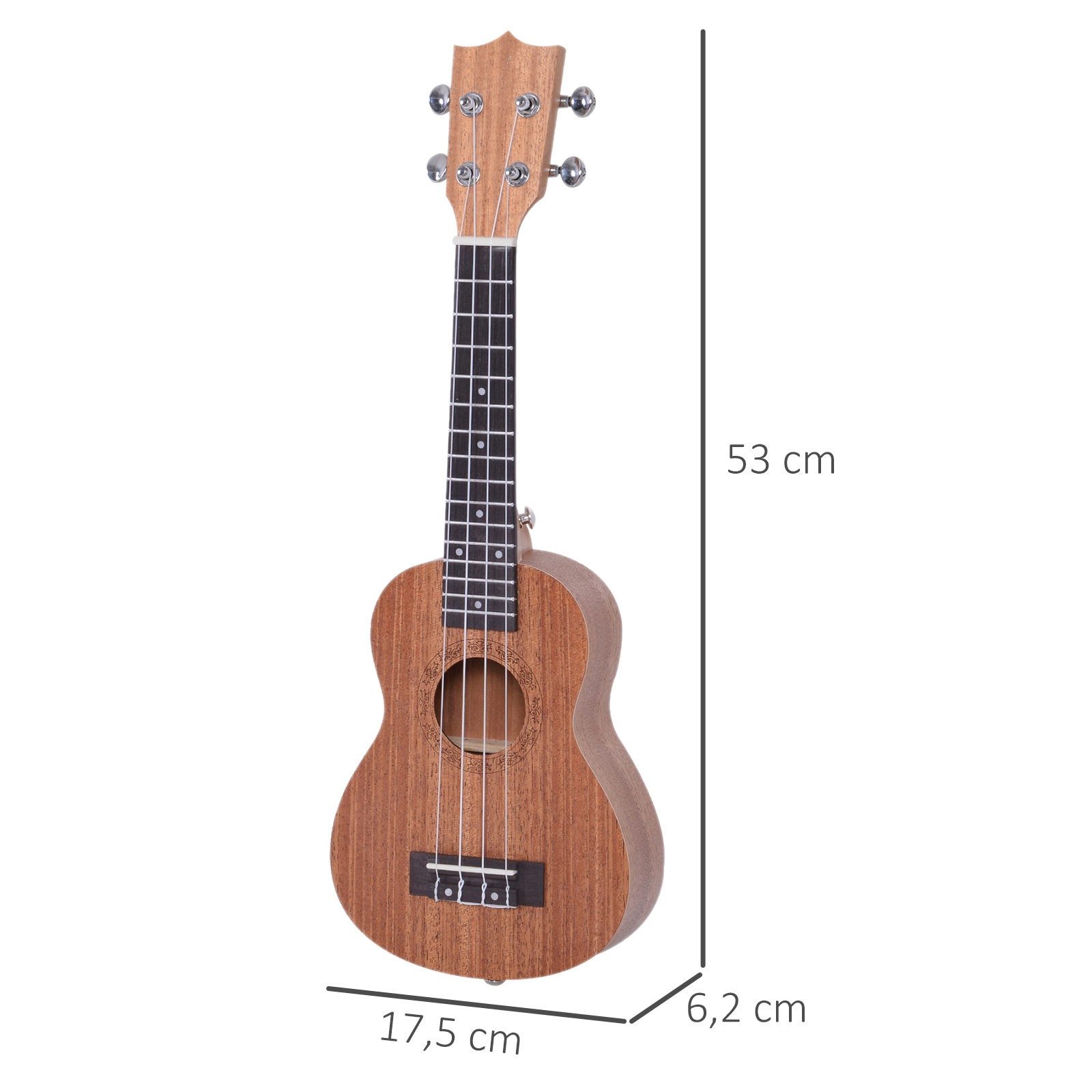 Se muestra un ukelele con dimensiones. Es marrón, con boca redonda y cuatro cuerdas. Los trastes son negros.
