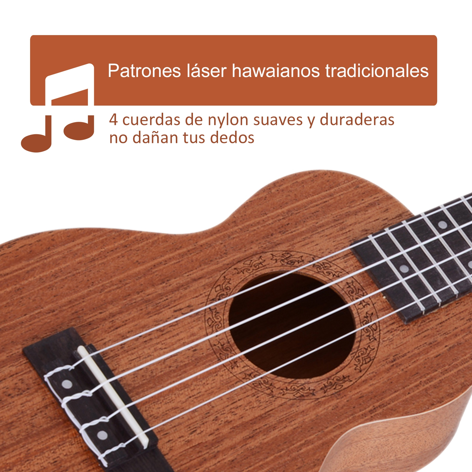Un ukelele marrón con cuatro cuerdas blancas. Texto en español describe patrones láser y cuerdas de nailon.