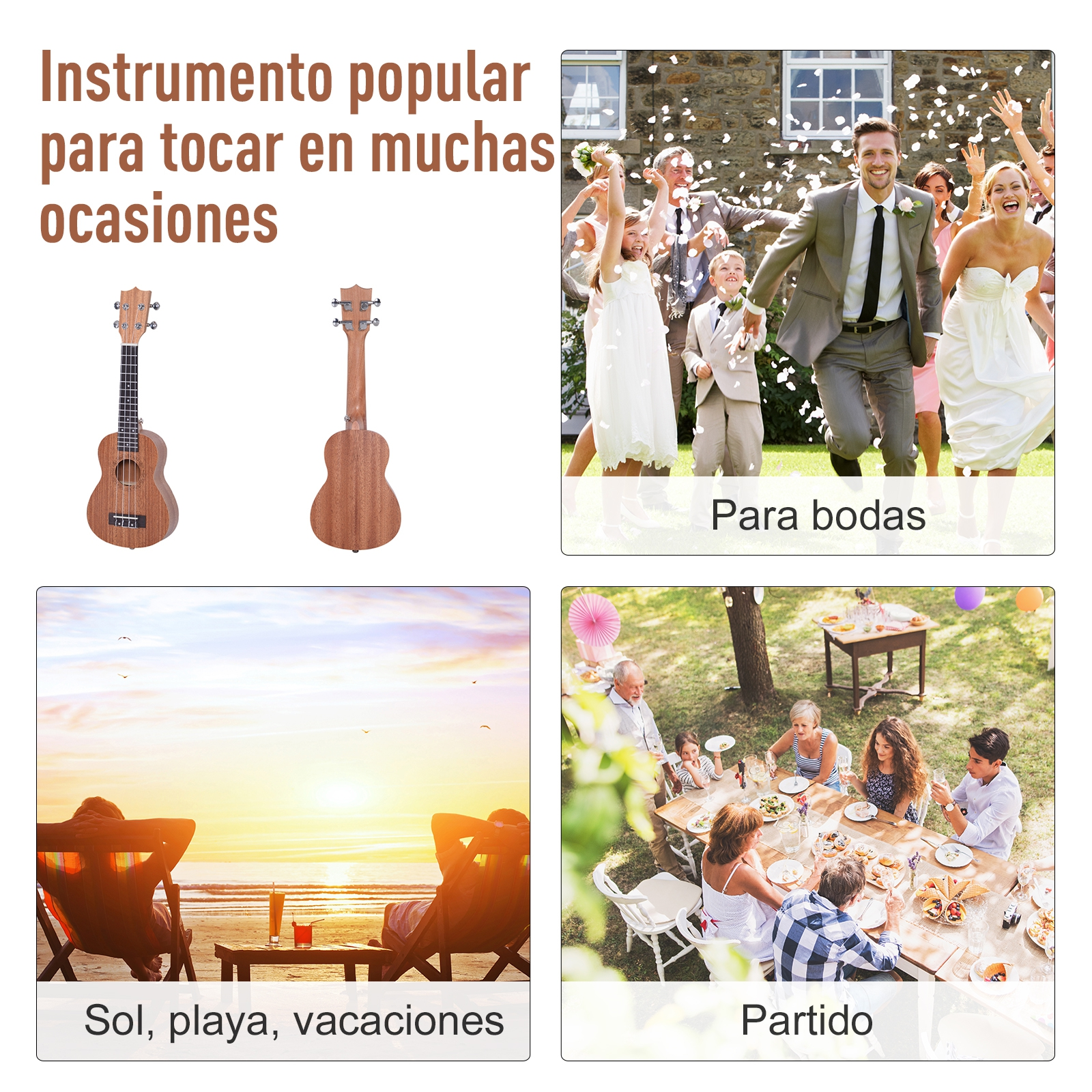 La imagen muestra un ukelele, una escena de boda, una escena de vacaciones en la playa y una escena de fiesta.
