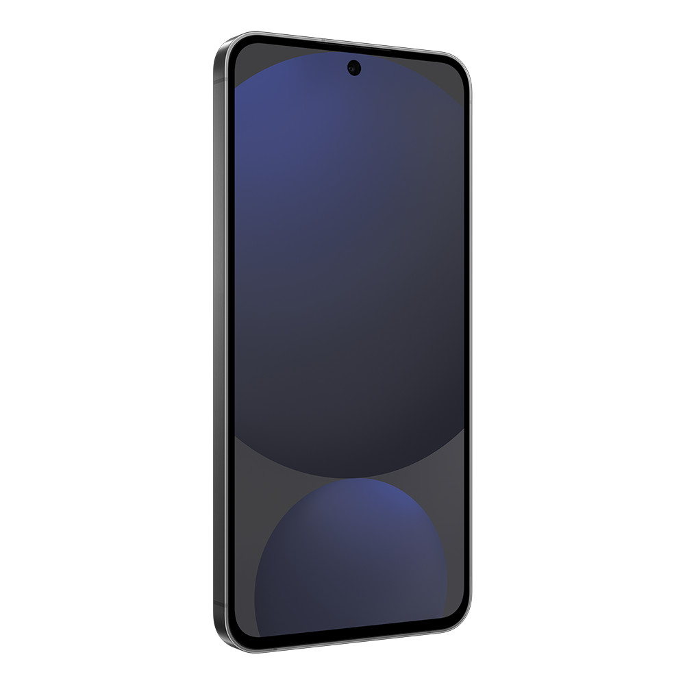 Smartfon z ciemnoniebieskim ekranem. Telefon ma srebrną ramkę i mały aparat u góry. Tło jest białe.