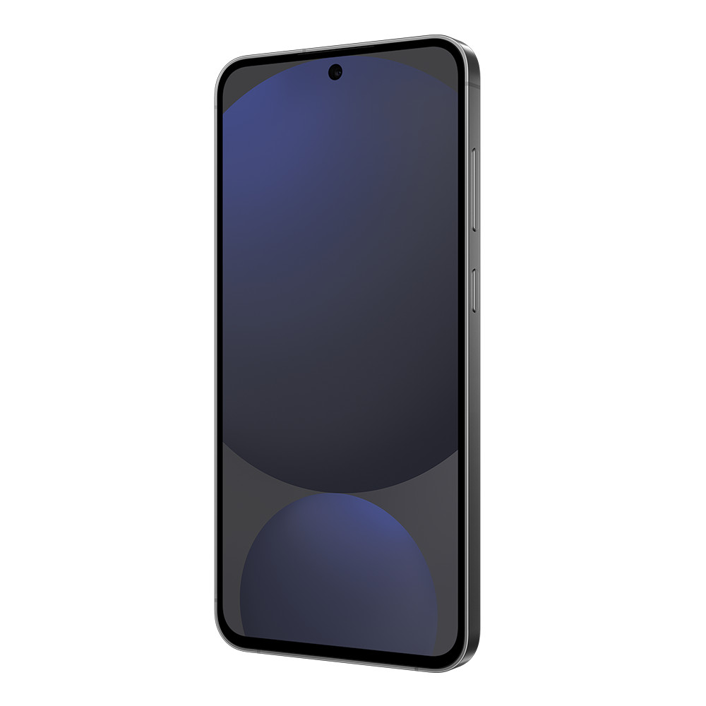 Smartfon z ciemnoniebieskim ekranem, czarną ramką i srebrnymi krawędziami na białym tle.