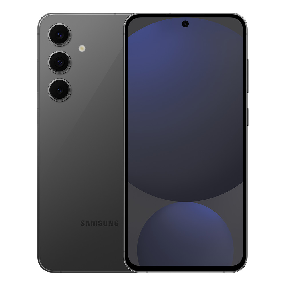 Ciemnoszary smartfon Samsung z trzema tylnymi aparatami, ciemnym ekranem i logo Samsung.