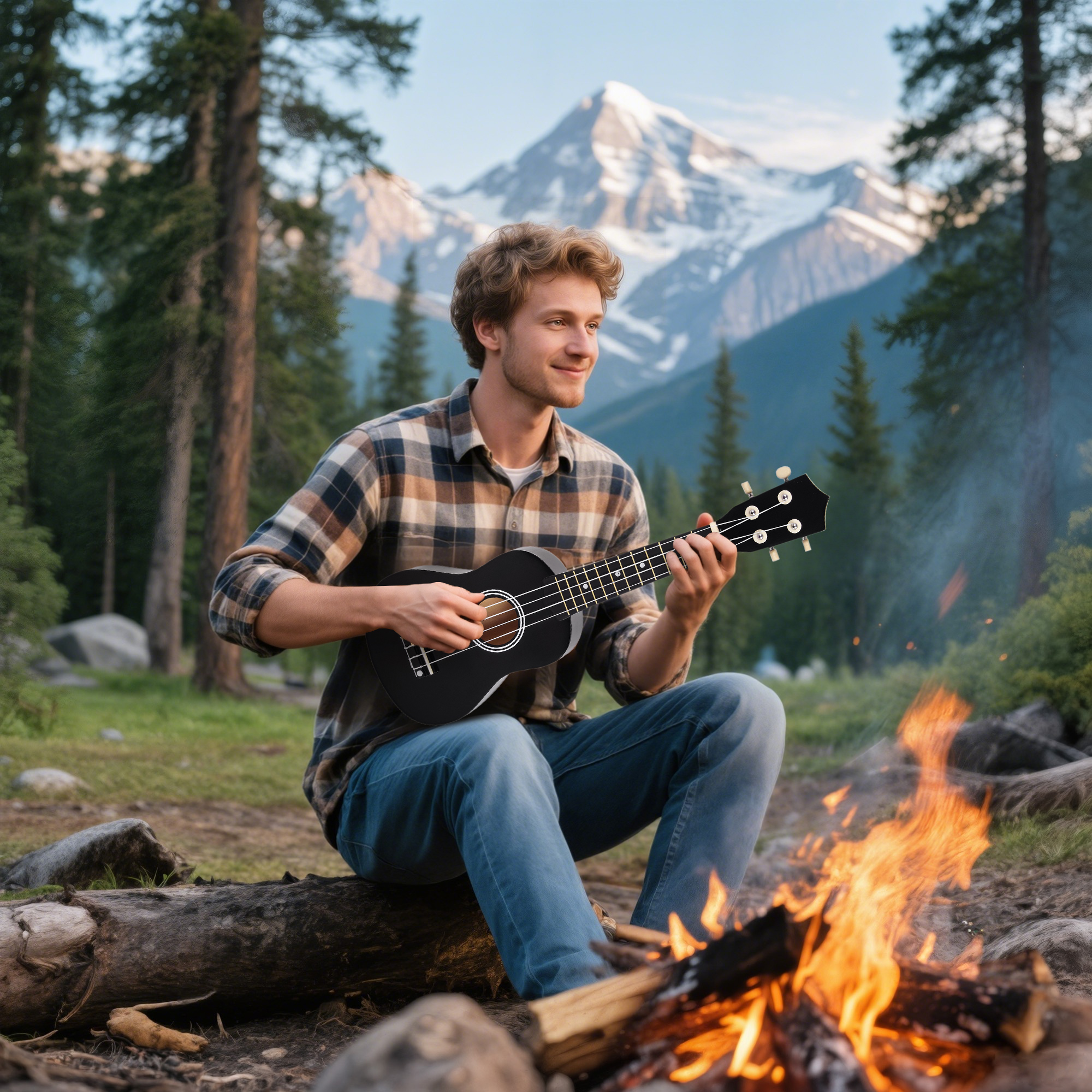 Un hombre toca un ukelele cerca de una fogata con montañas de fondo.