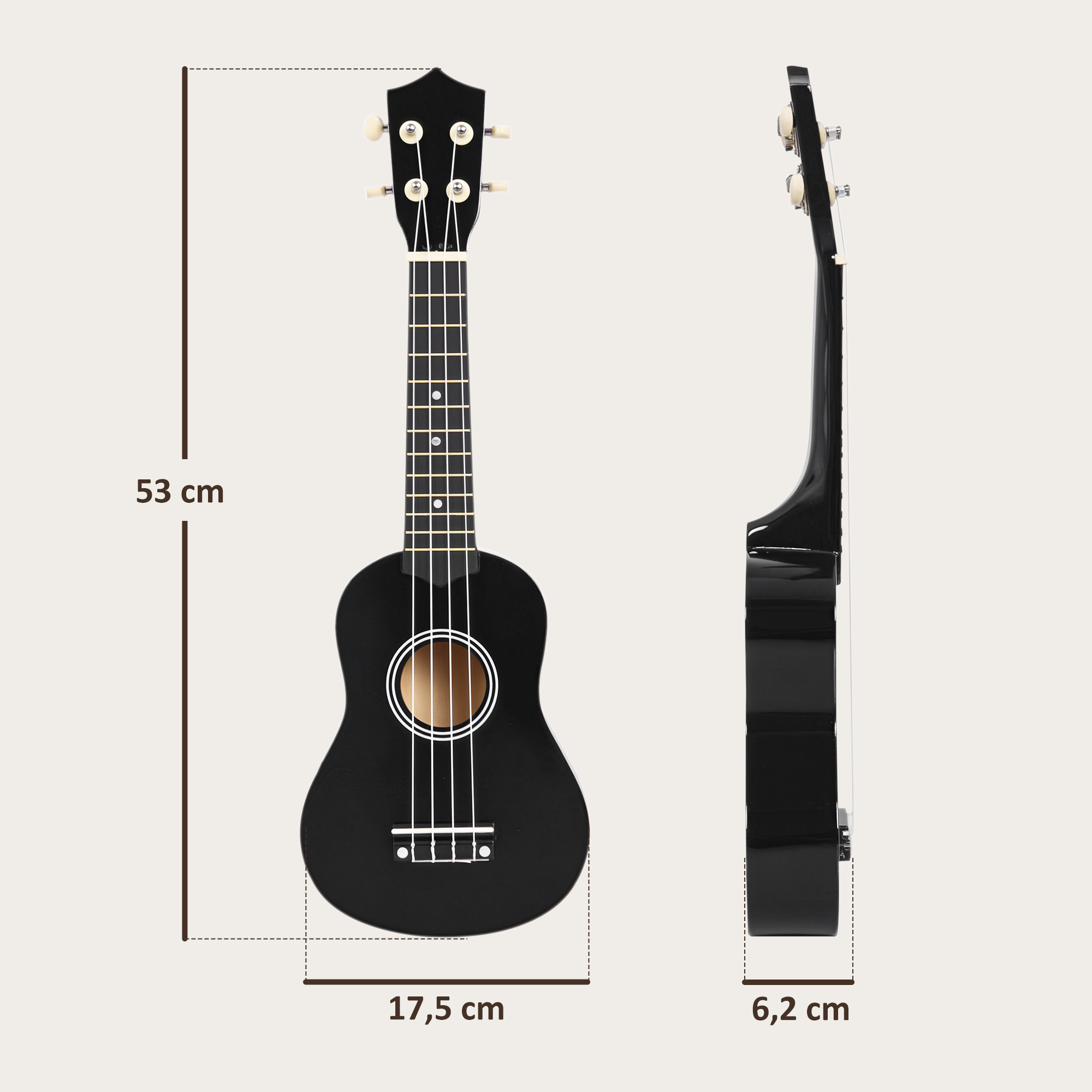 Un ukelele negro se muestra con dimensiones. Vistas frontal y lateral muestran detalles y medidas del instrumento.