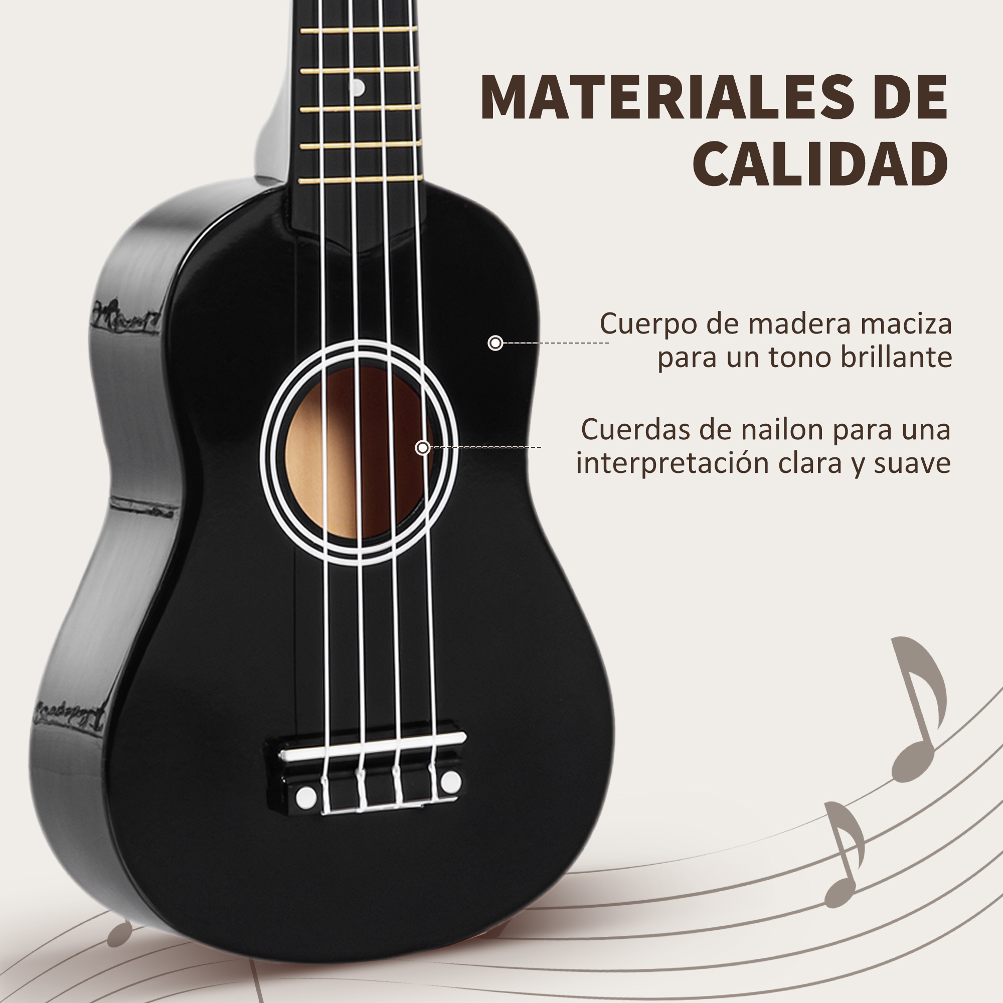 Ukelele negro con cuerdas blancas. El texto dice 'Materiales de calidad'. Notas musicales y líneas en el fondo.