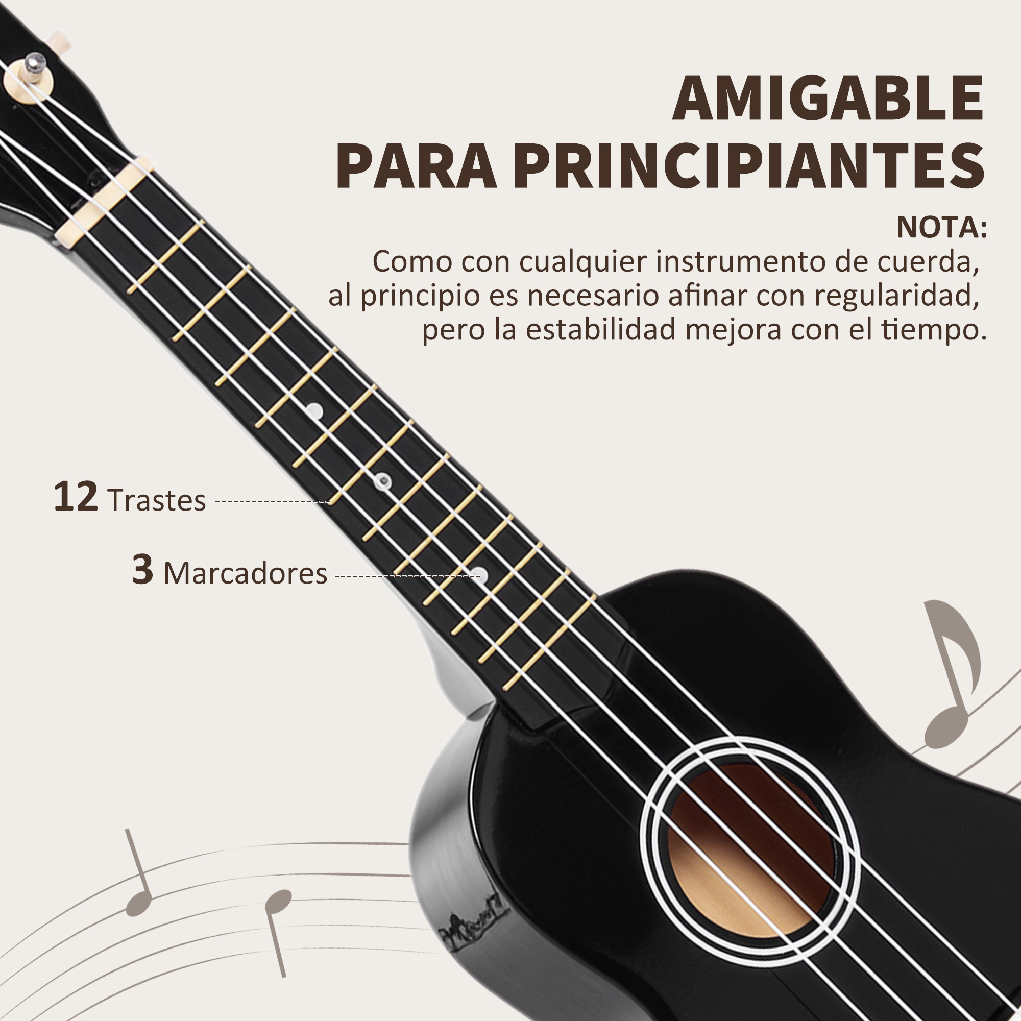 Un ukelele negro con cuerdas blancas, 12 trastes y 3 marcadores. Texto: 'Amigable para principiantes' y una nota sobre la afinación.