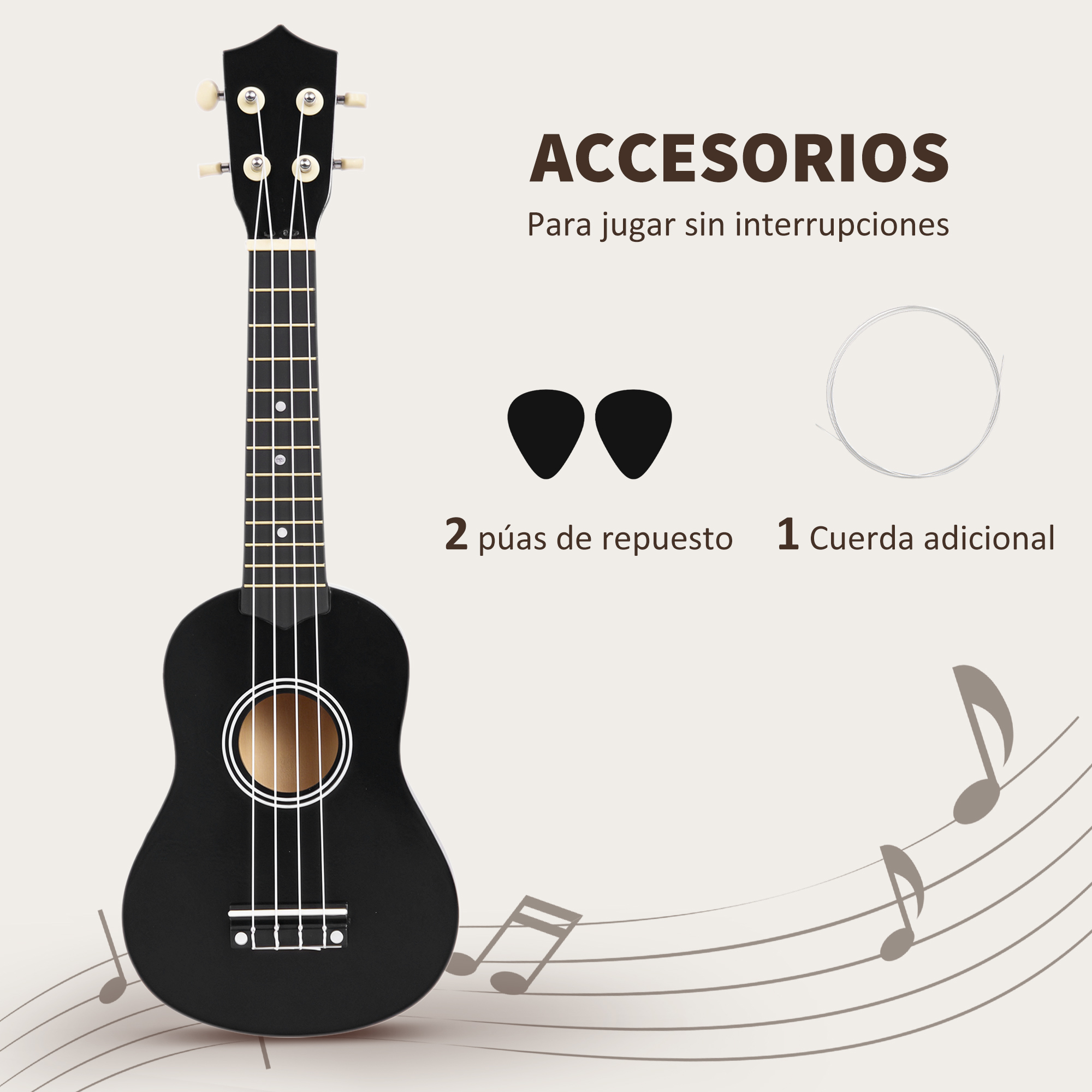 Un ukelele negro con accesorios: 2 púas, una cuerda extra. Notas musicales decoran el fondo. El texto dice 'ACCESORIOS'.