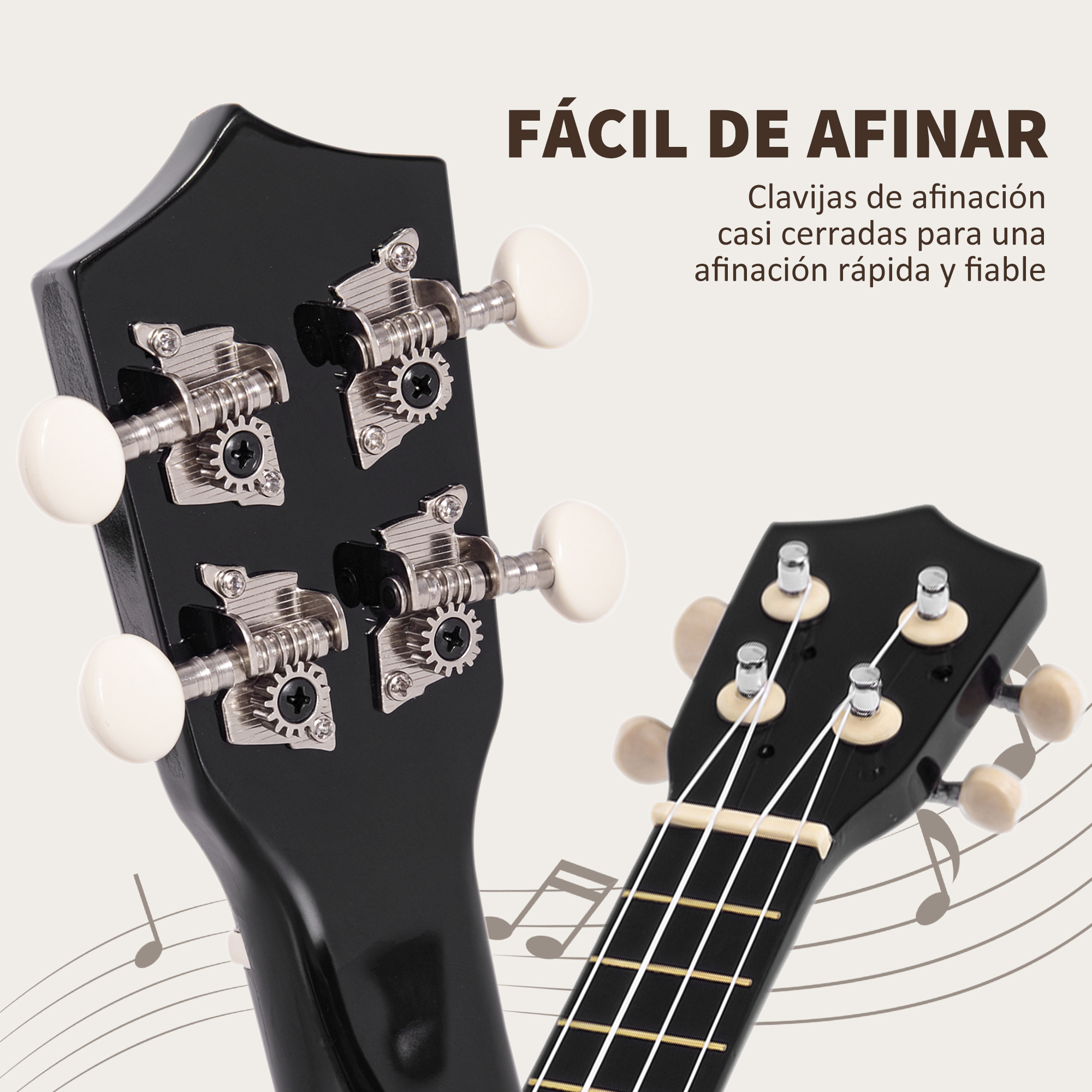 Primer plano del clavijero de un ukelele negro con clavijas. El fondo es claro con notas musicales.