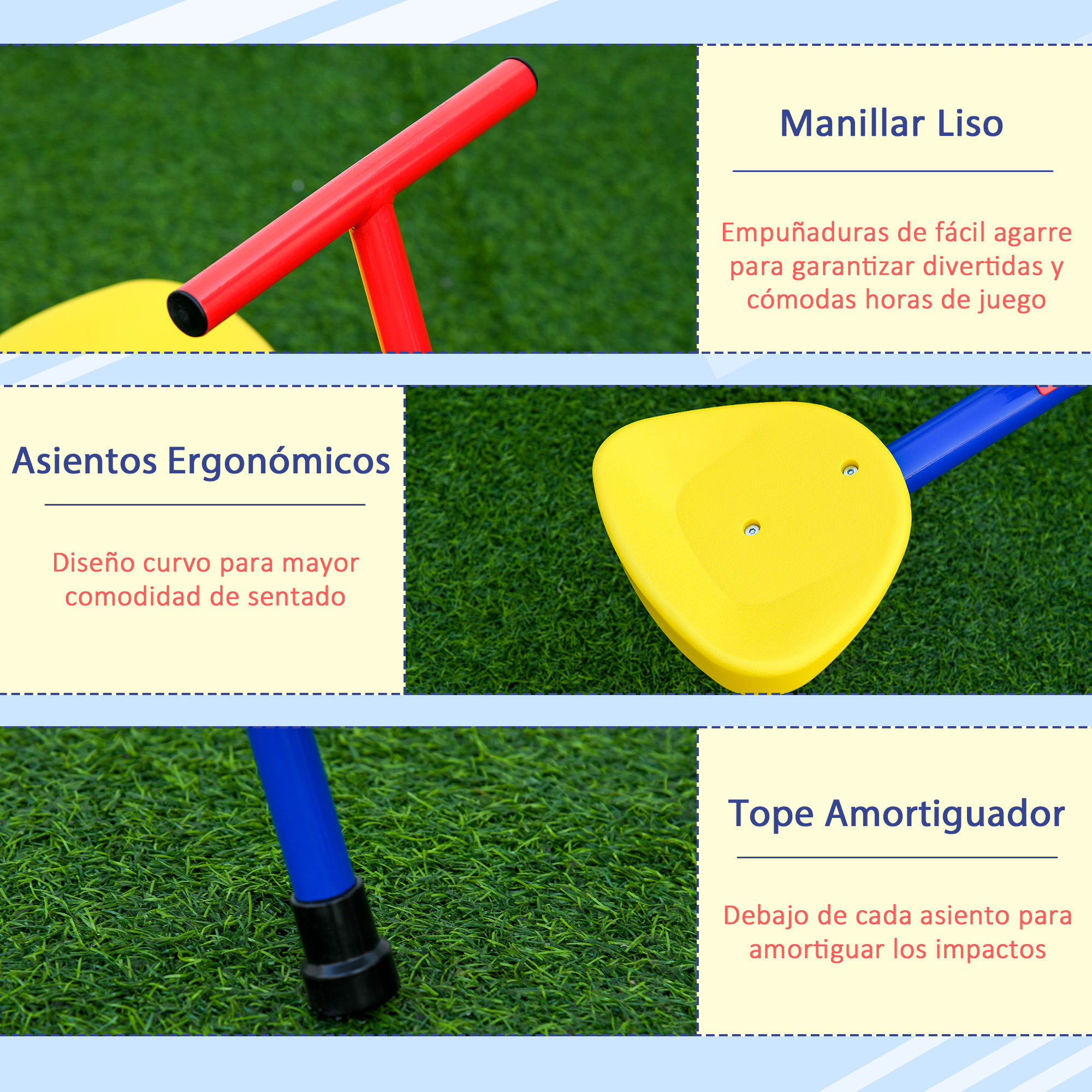 Un manillar rojo y un asiento amarillo sobre una superficie verde. El texto describe asientos ergonómicos y amortiguadores.