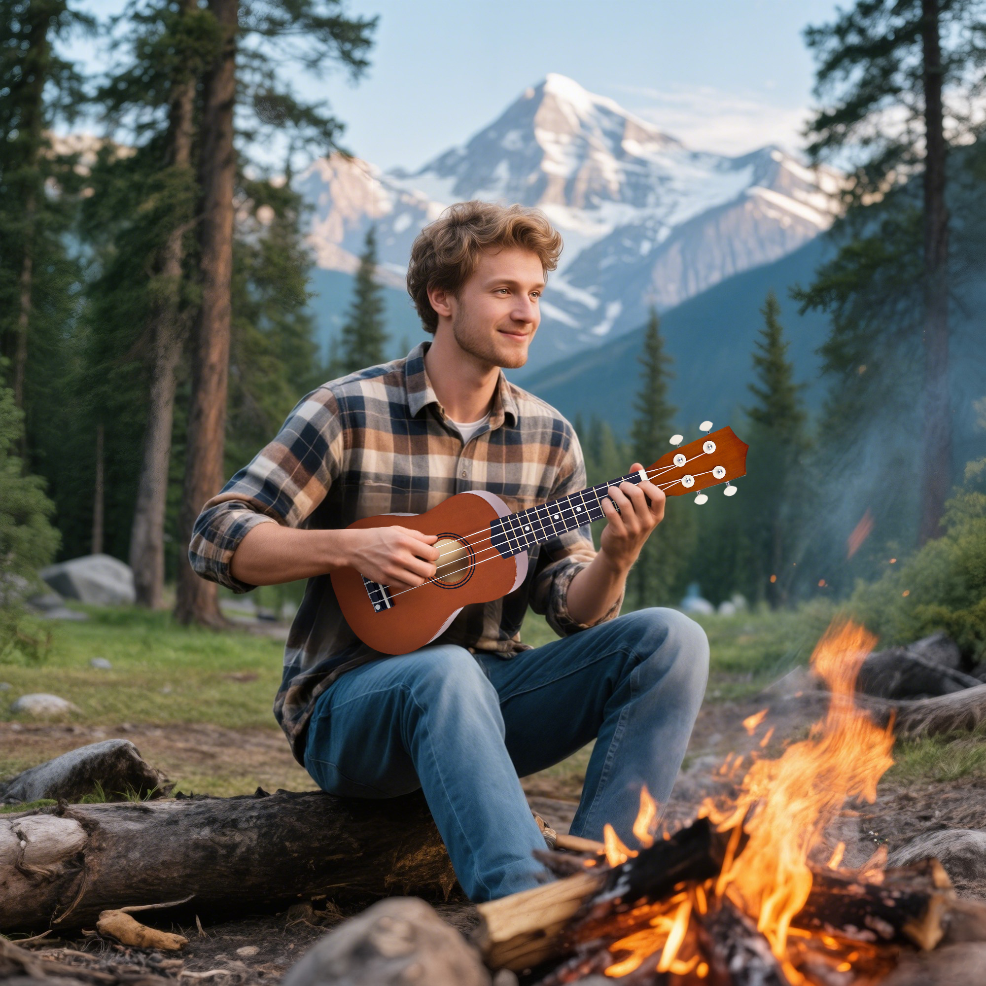 Hombre toca el ukelele junto a una fogata. Montaña y árboles al fondo.