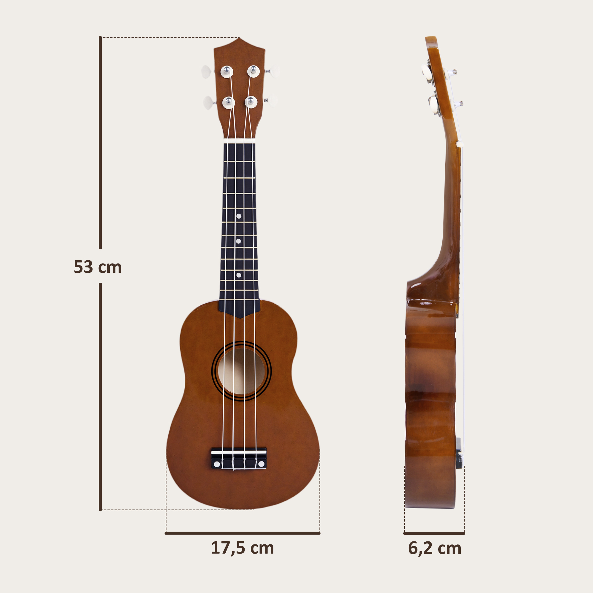 Un ukelele marrón se muestra de frente y de lado, con dimensiones. Tiene cuerdas, boca y clavijas de afinación.