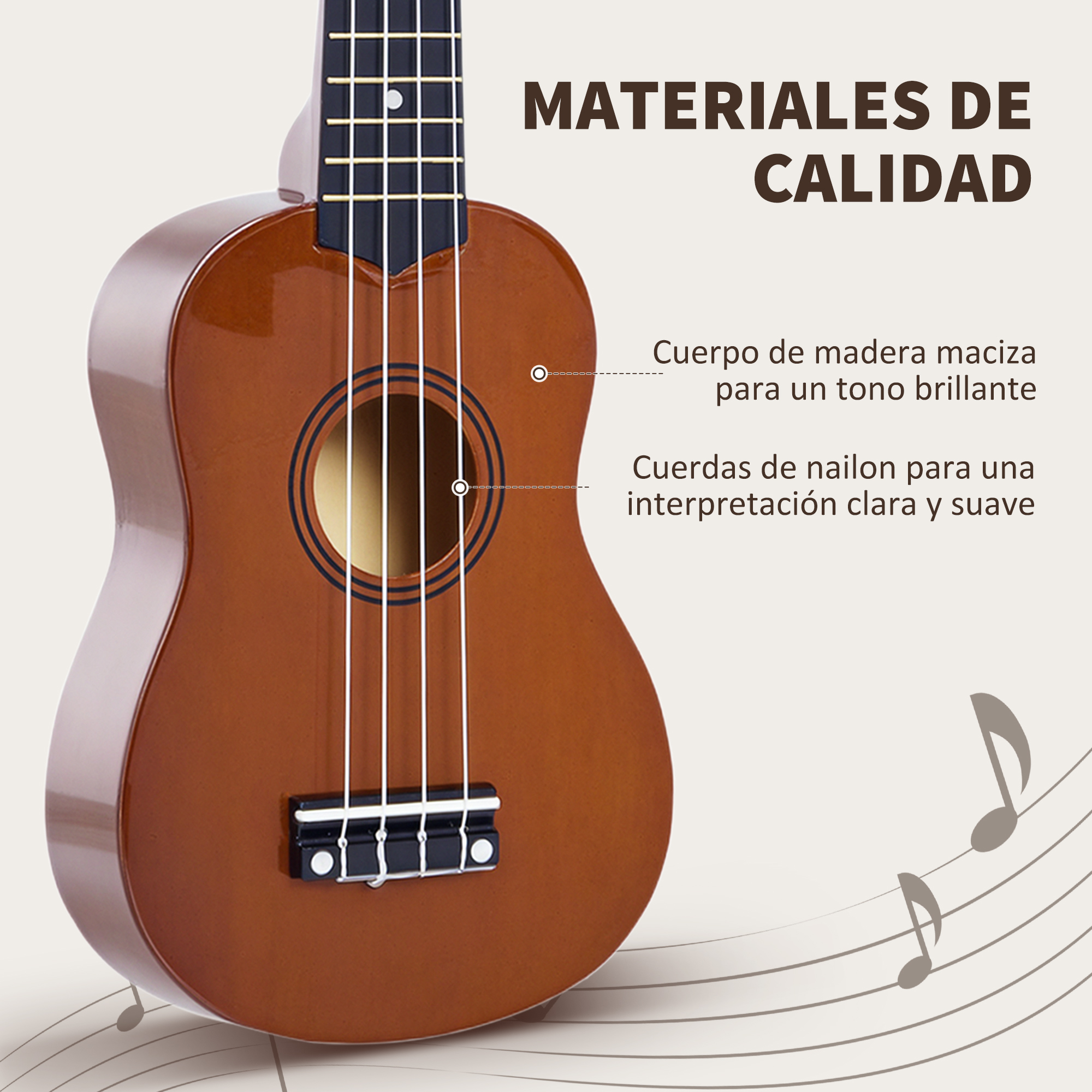 Un ukelele marrón con cuerdas blancas. El texto incluye 'Materiales de Calidad' y descripciones en español.
