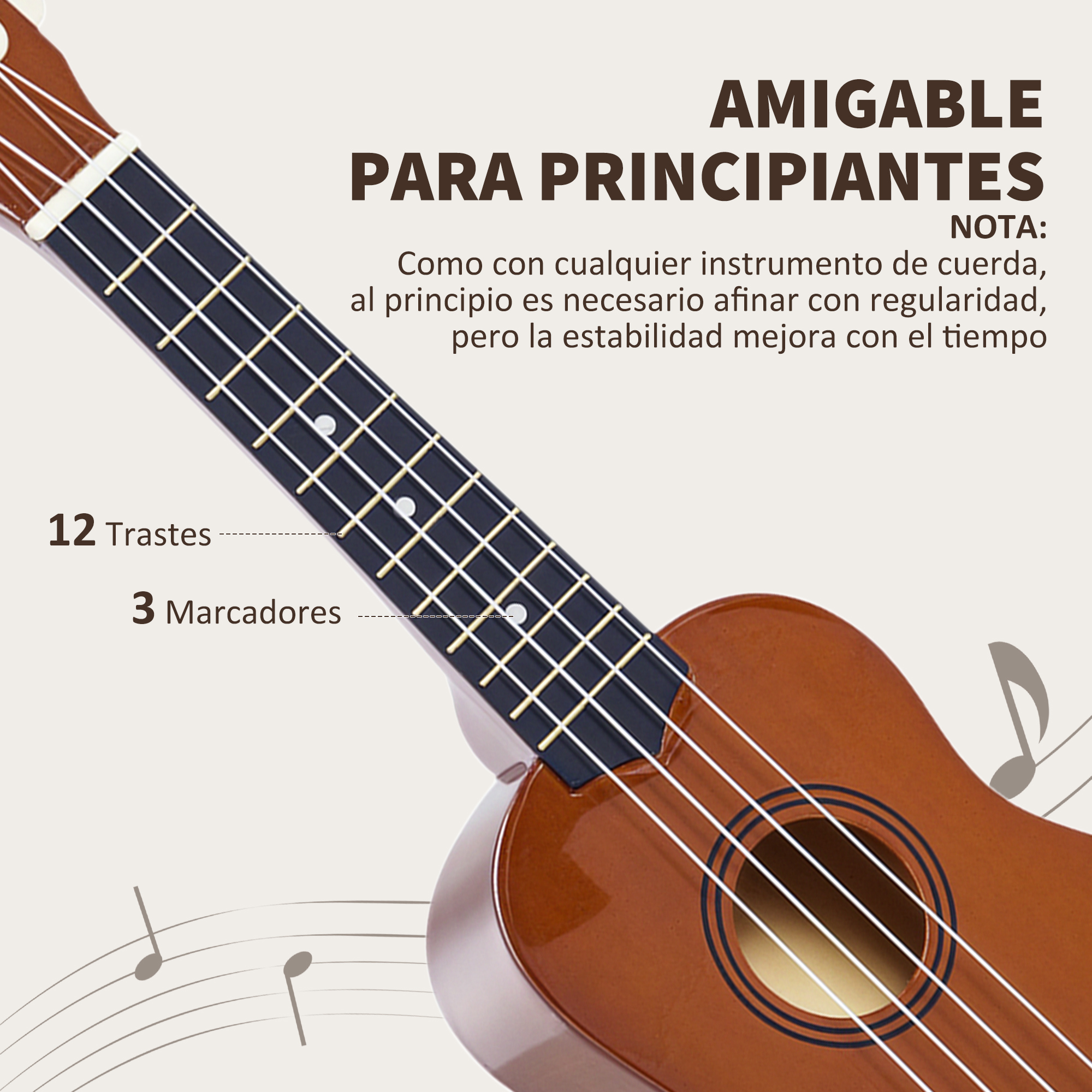 Un ukelele marrón con trastes negros y cuerdas blancas. El texto dice: 'Amigable para principiantes'.