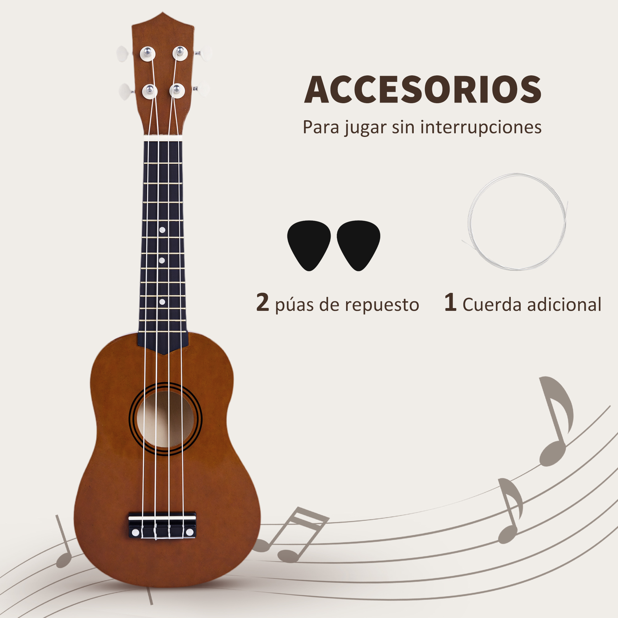 Un ukelele marrón con accesorios: púas, una cuerda extra y notas musicales sobre un fondo claro.