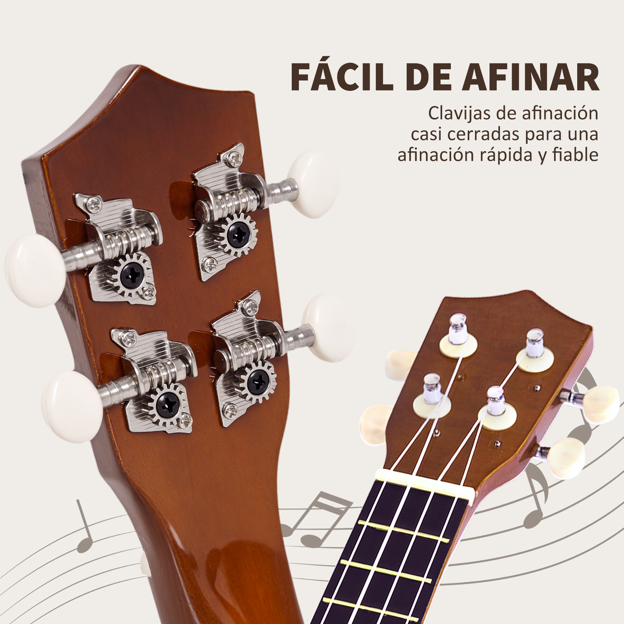 Dos paletas de ukelele. Una enfocada, mostrando clavijas. Fondo de notas musicales. Texto: Fácil de afinar.