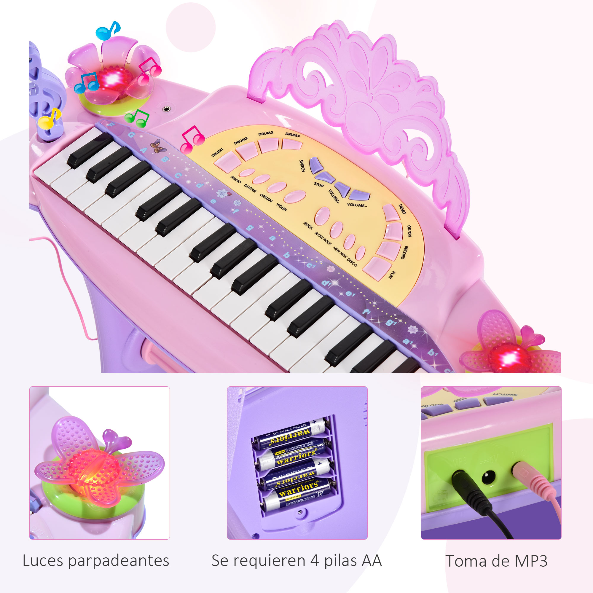 Un piano de juguete rosa con teclas blancas y negras. Tiene varios botones y decoraciones, incluyendo una flor y una mariposa.