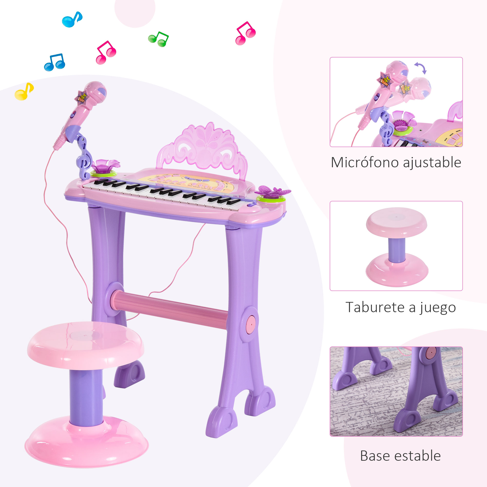 Un piano de juguete rosa y morado con micrófono y taburete. Notas musicales flotan. El piano está sobre un fondo blanco.