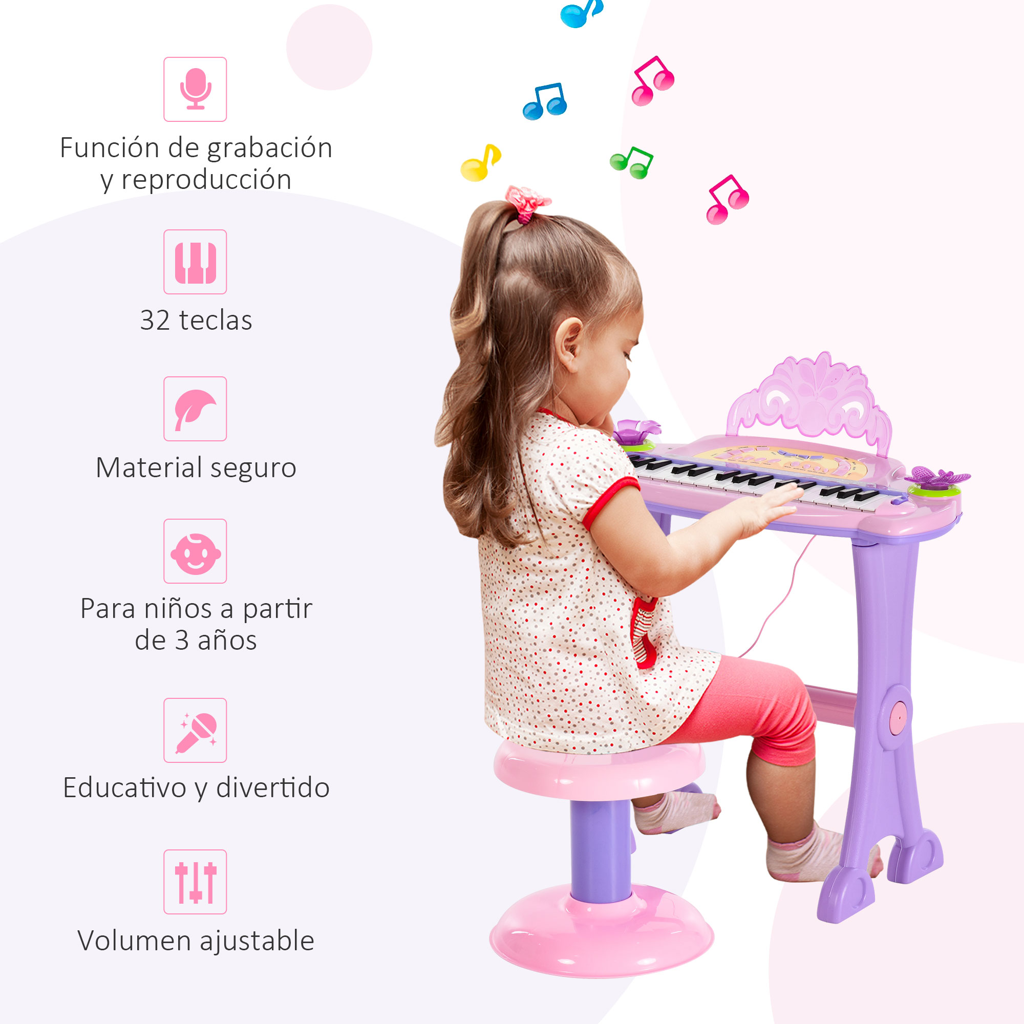 Una niña toca un piano de juguete rosa. Notas musicales flotan sobre ella. El fondo es de un rosa suave.