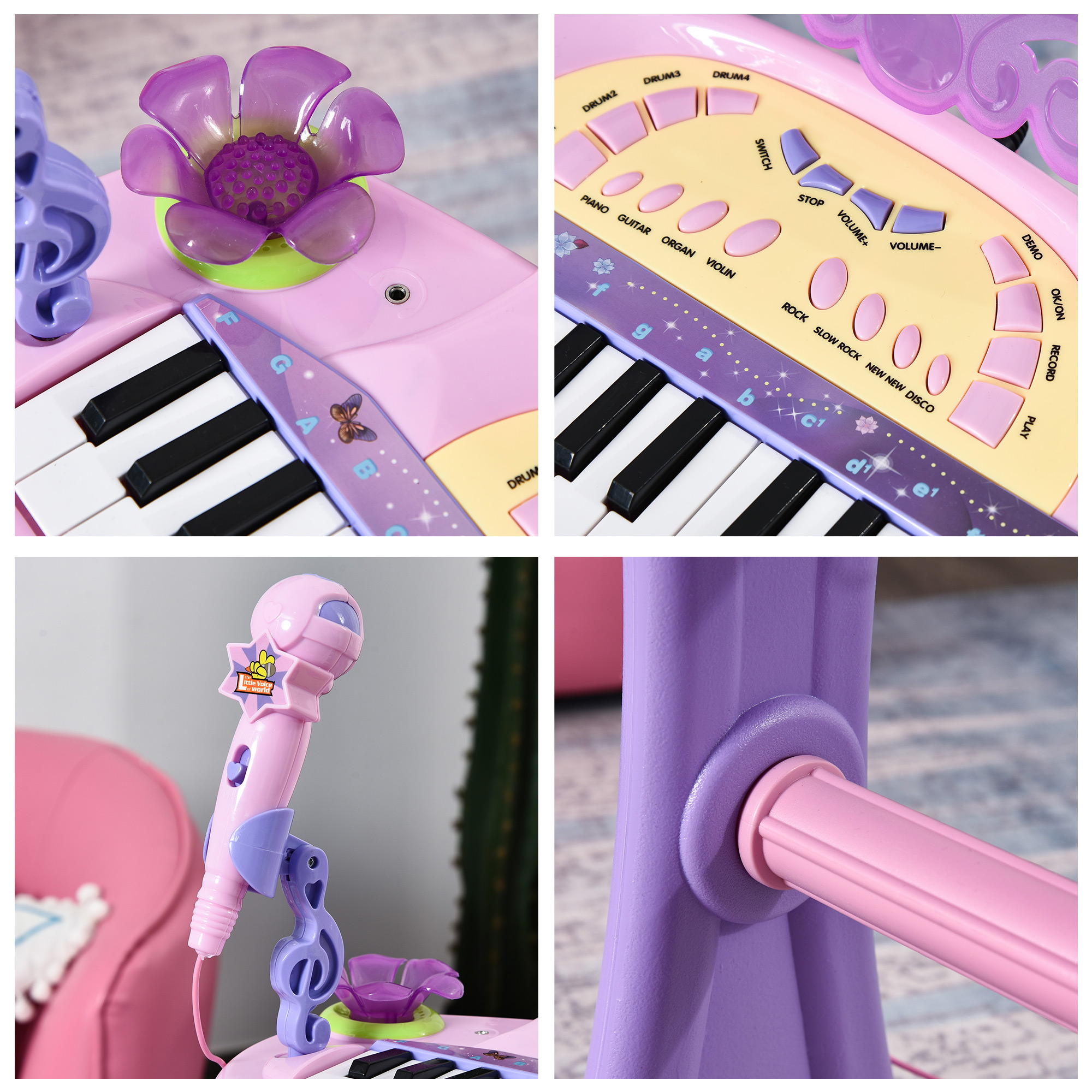 Un piano de juguete rosa con teclas blancas y negras, un micrófono y decoraciones florales. Botones incluyen 'Piano', 'Guitarra' y 'Record'.