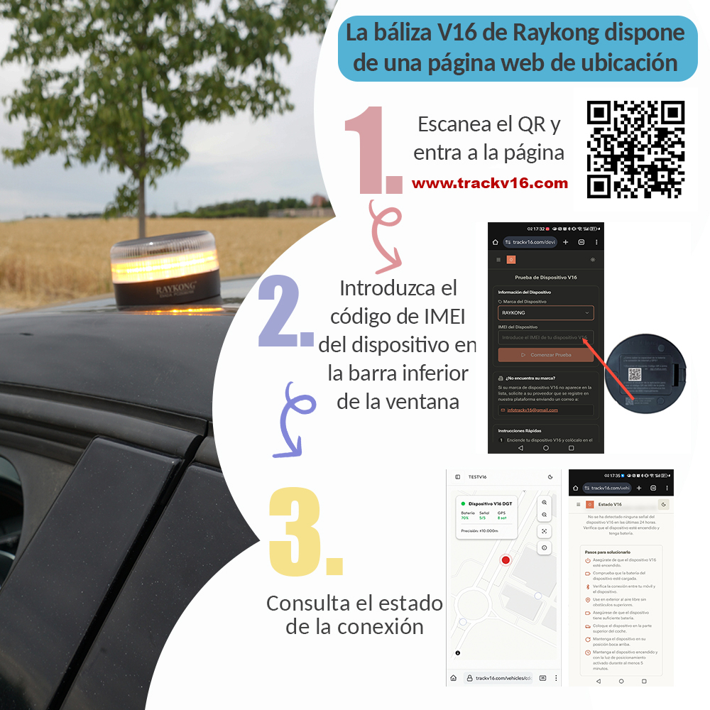 La imagen muestra los pasos para usar una baliza V16, incluyendo escaneo QR, entrada IMEI y verificación del estado de la conexión.