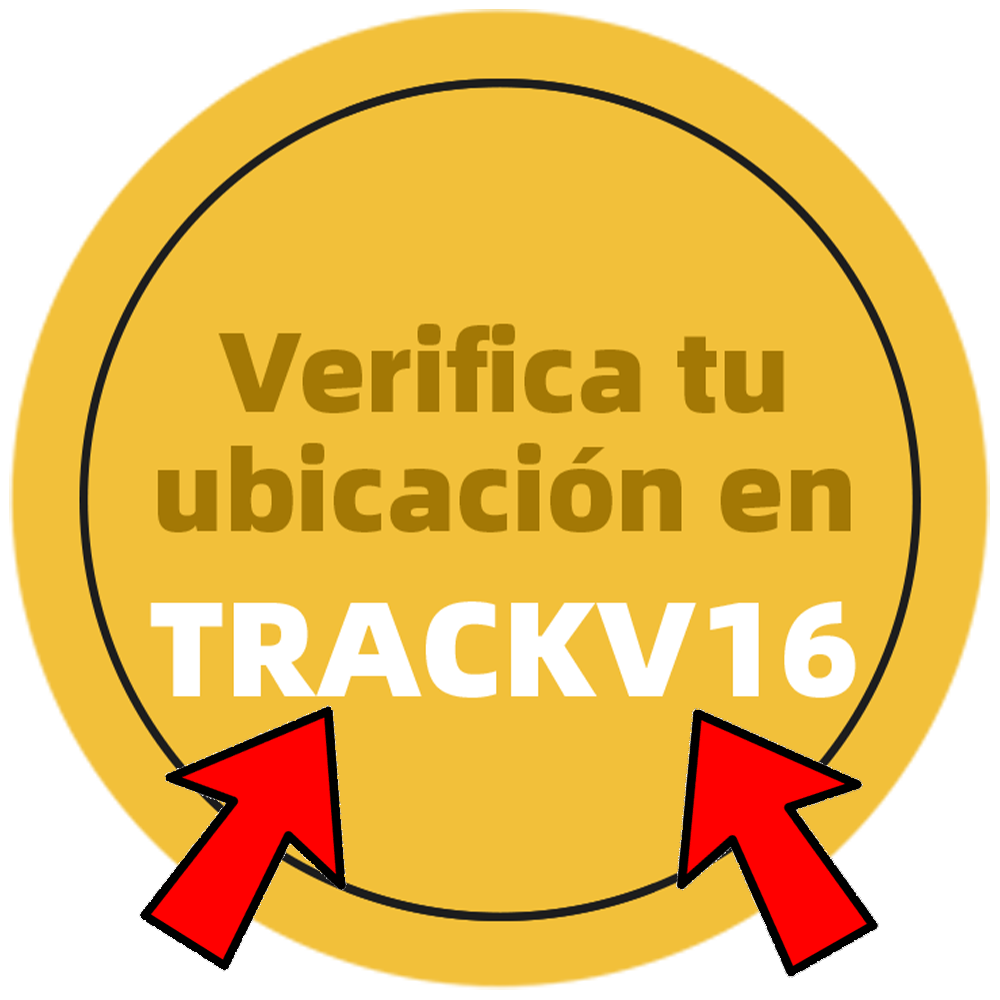 Una insignia amarilla con un contorno negro. Tiene texto en español y la palabra TRACKV16. Dos flechas rojas apuntan a la insignia.