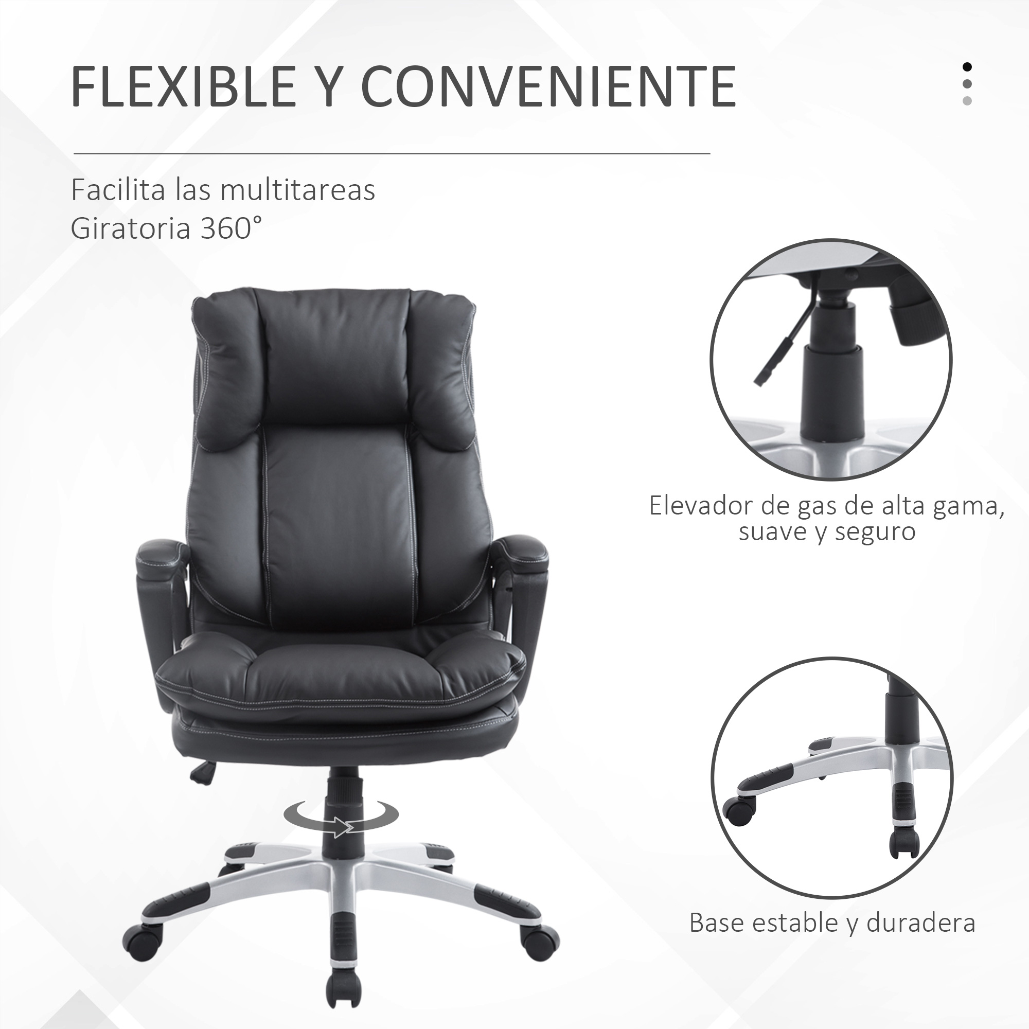 Silla de oficina negra con base plateada. Características: respaldo alto, reposabrazos y giro de 360 grados.