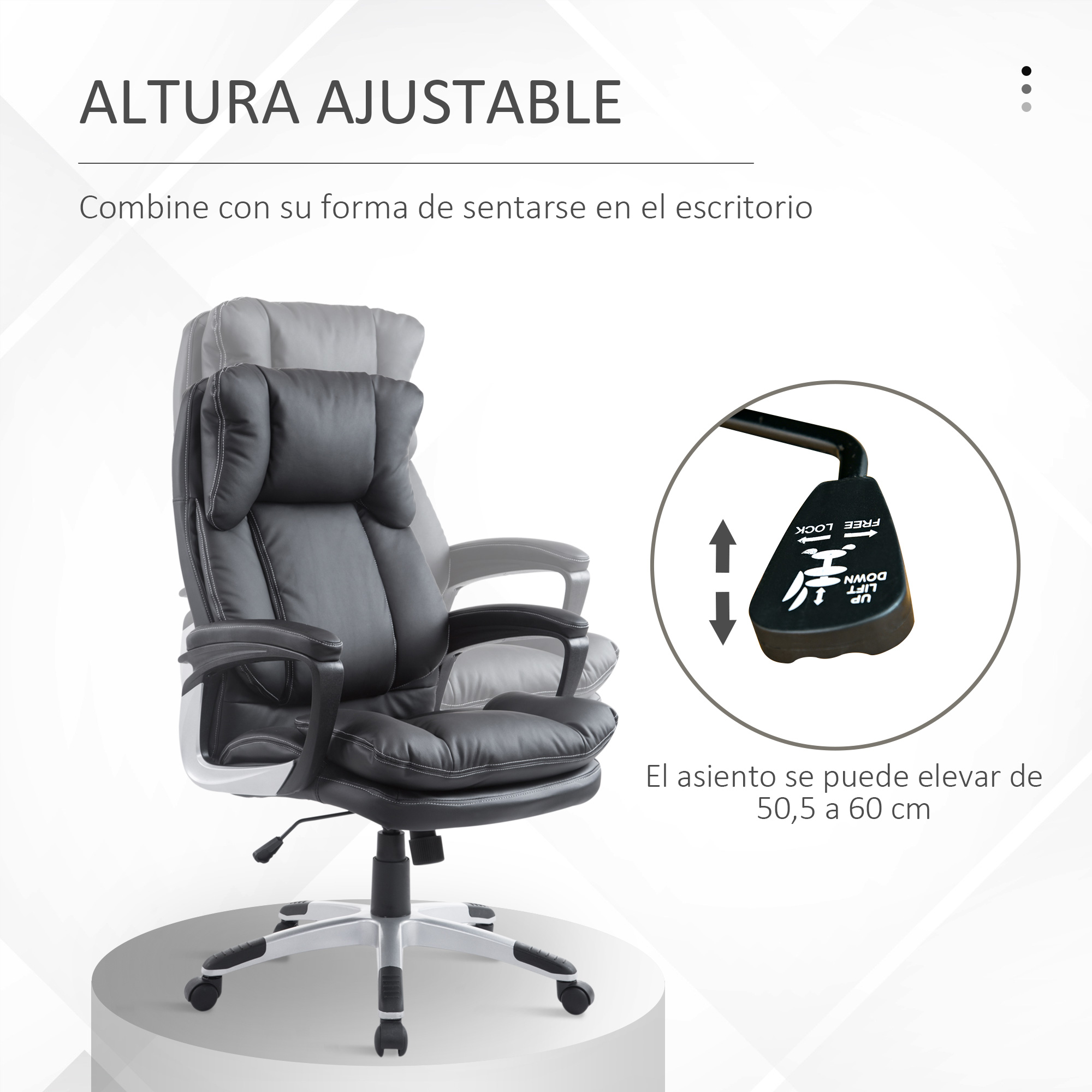 Silla de oficina negra con altura ajustable. Tiene reposacabezas y reposabrazos. El asiento se puede elevar de 50,5 a 60 cm.