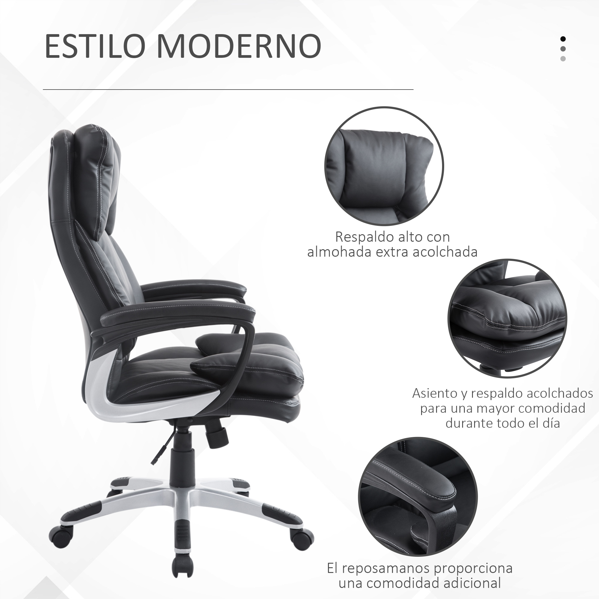 Una silla de oficina negra con detalles de costuras blancas. Tiene respaldo alto, asiento acolchado y reposabrazos.