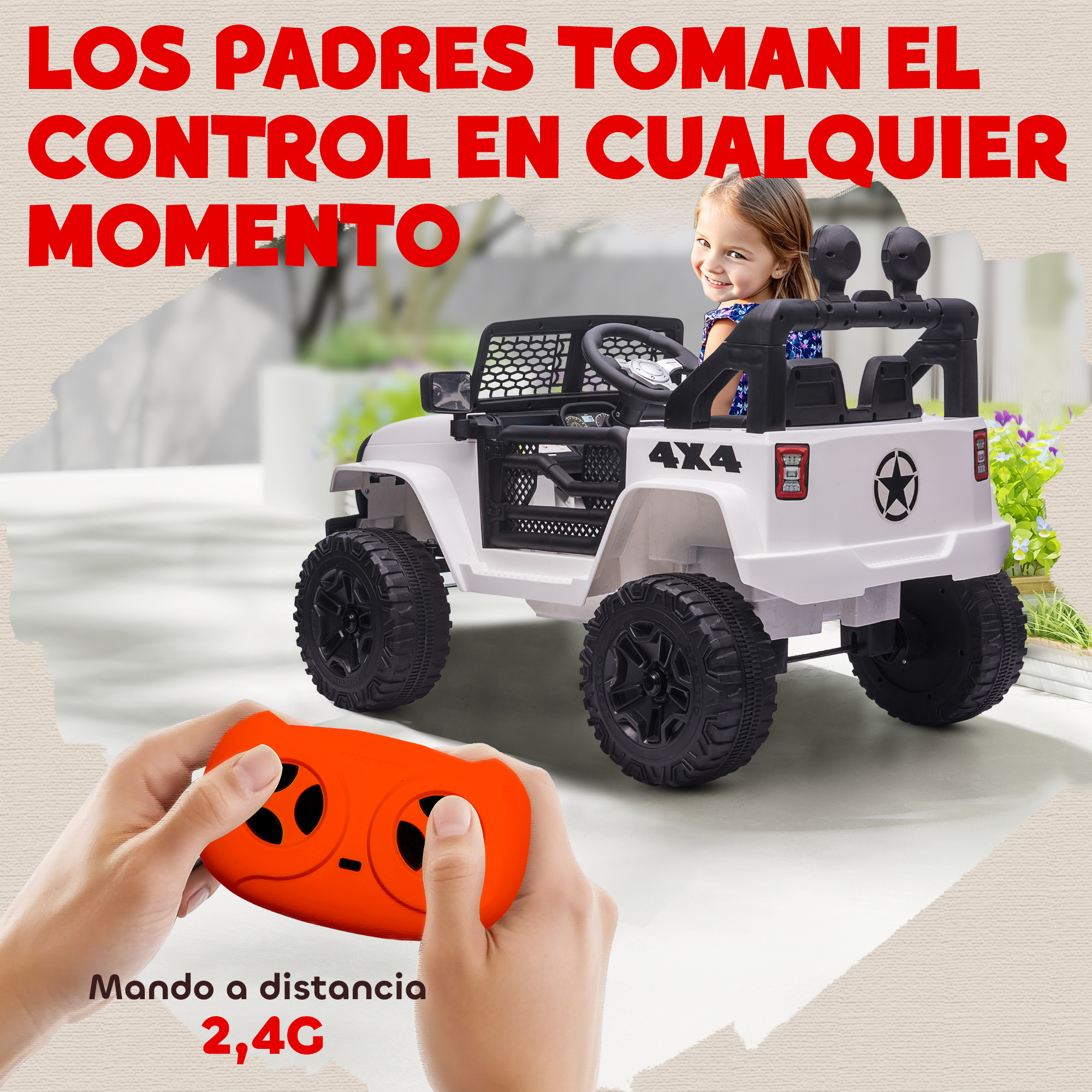 Una niña en un coche de juguete blanco, se sostiene un mando a distancia en primer plano. El texto dice 'Los padres toman el control'.