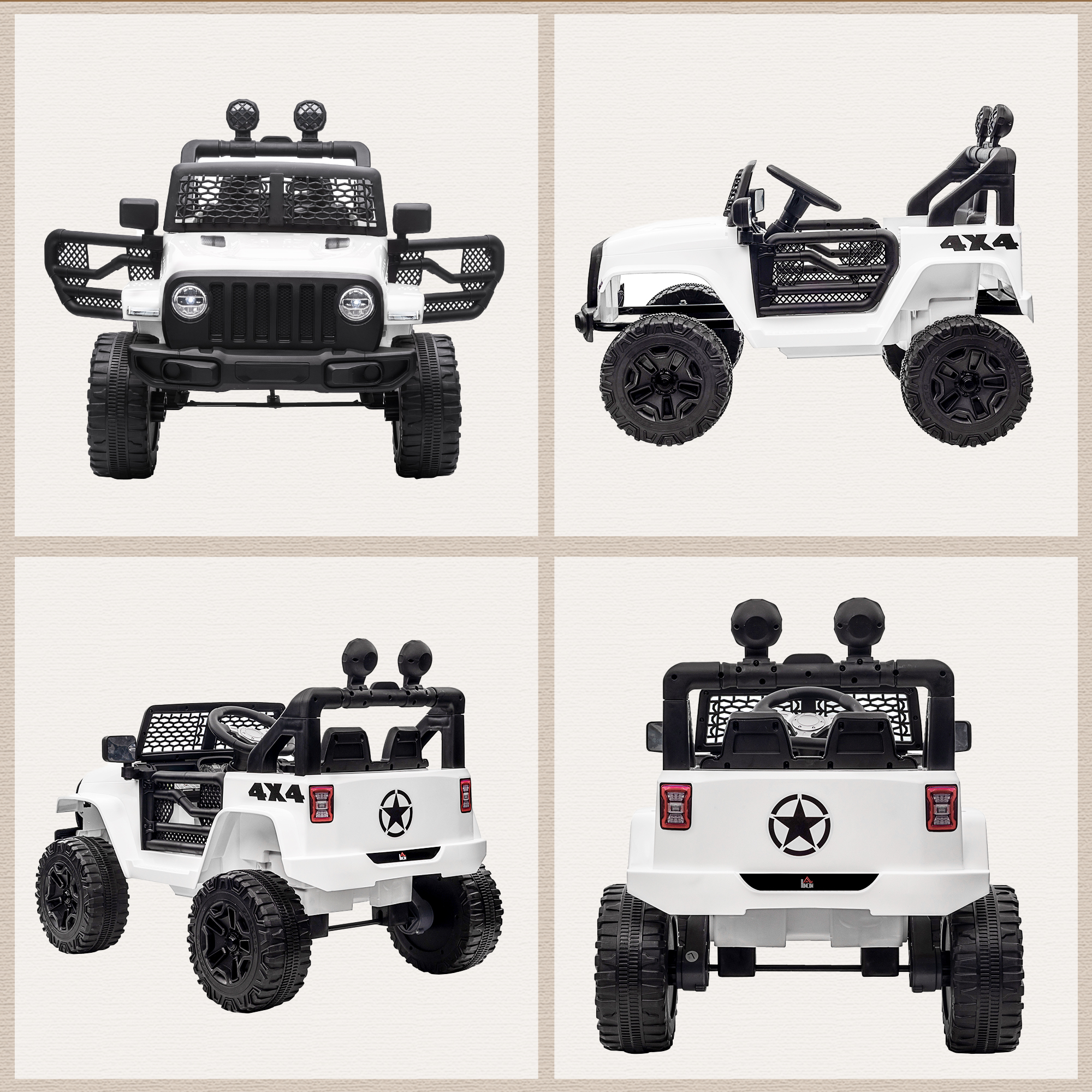 Un jeep de juguete blanco, con detalles en negro, incluyendo ruedas y una parrilla frontal. Tiene marcas 4x4 y una estrella detrás.