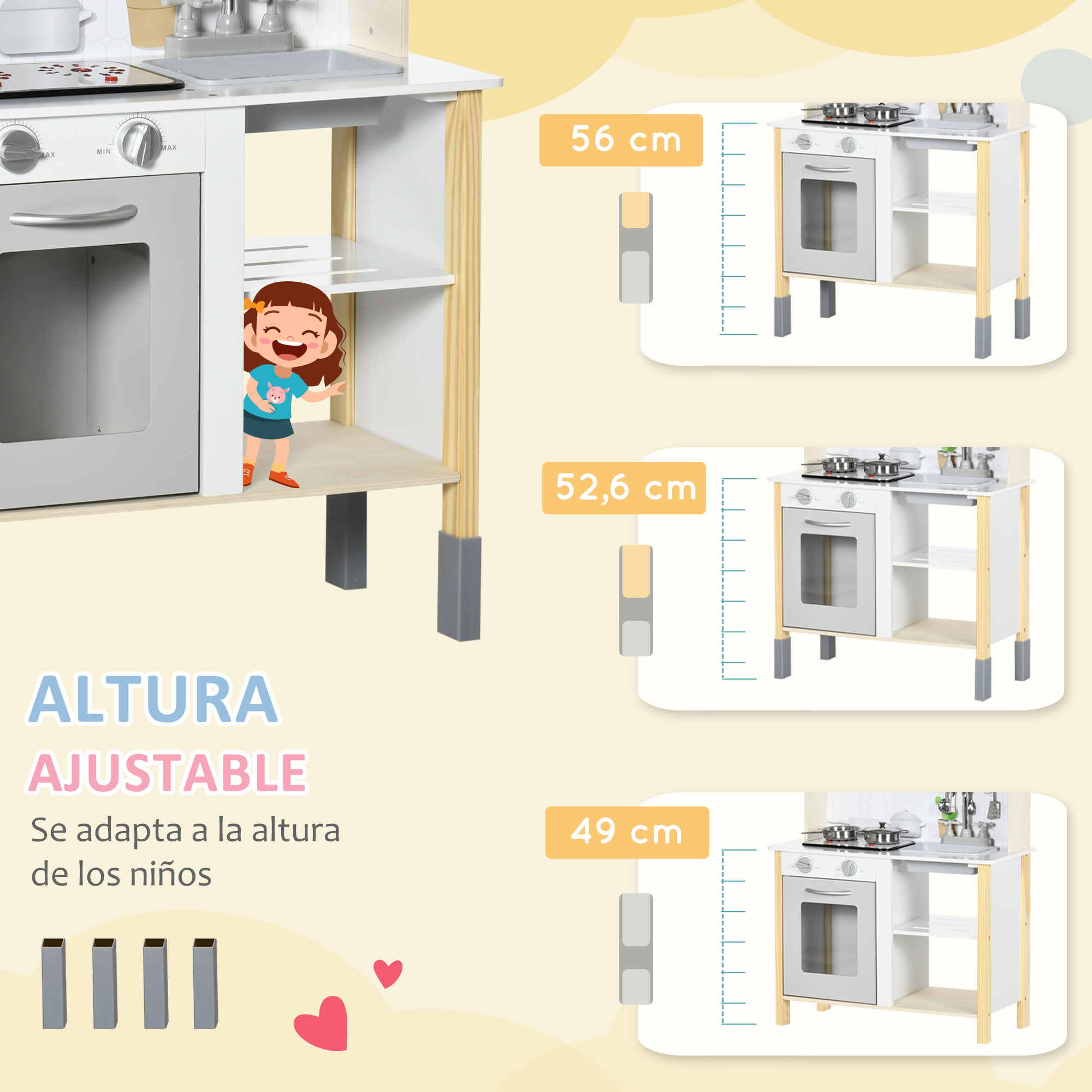 Un juego de cocina de juguete con opciones de altura ajustable. Un niño está cerca de la estufa. El juego tiene medidas.