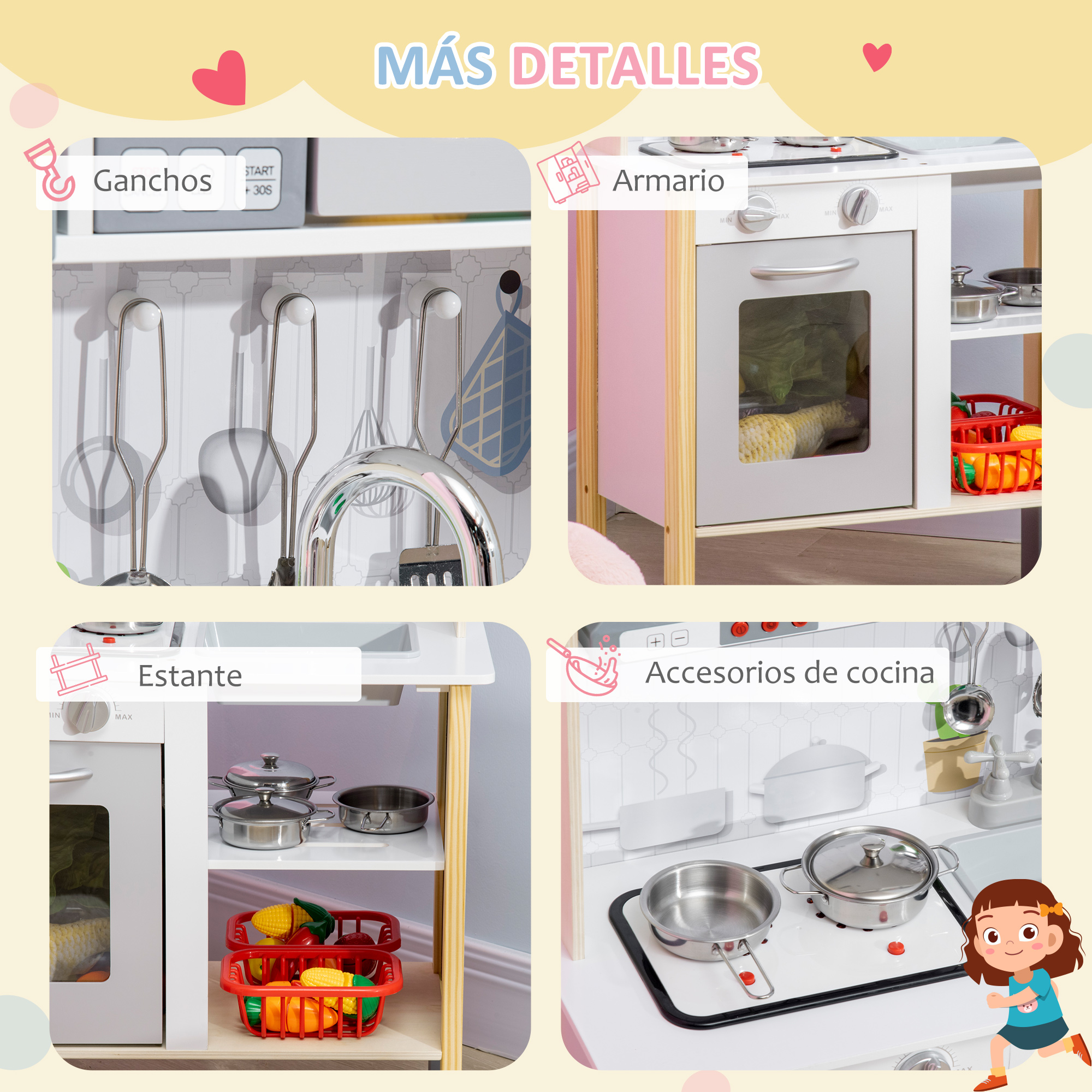 Una cocina de juguete con detalles: ganchos, una estufa, un horno, ollas y una cesta con verduras de juguete.