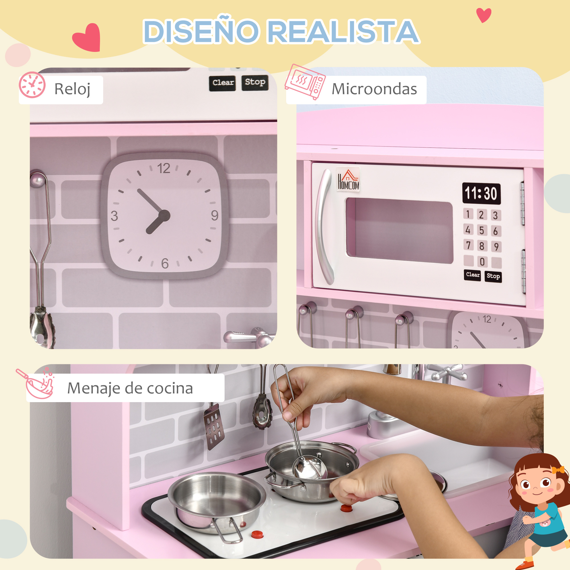 Un niño juega en una cocina de juguete. Cuenta con un reloj, microondas y ollas. El niño está usando un cucharón.