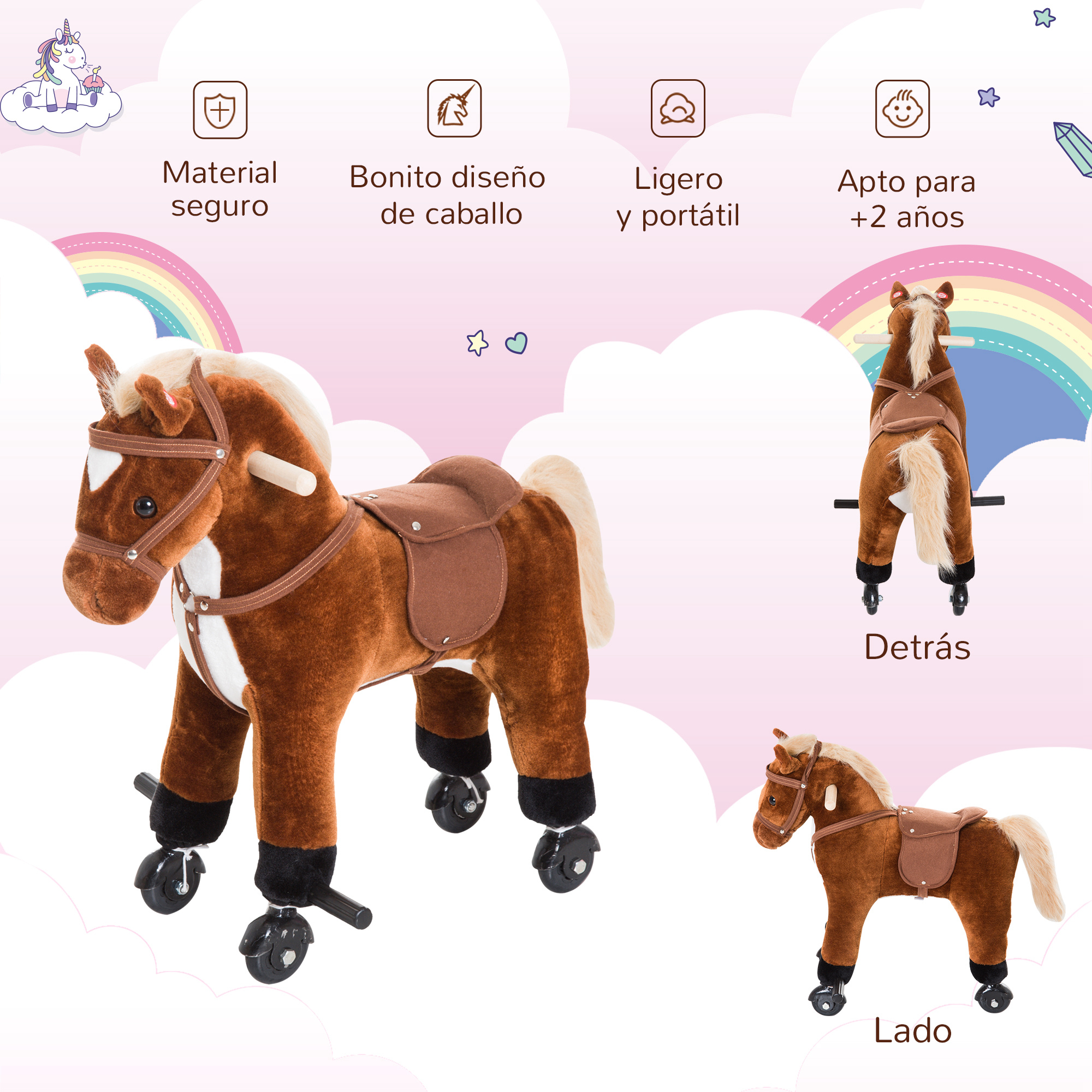 Un caballo de juguete marrón con ruedas. Tiene una silla de montar y una brida. Hay varias vistas del juguete.