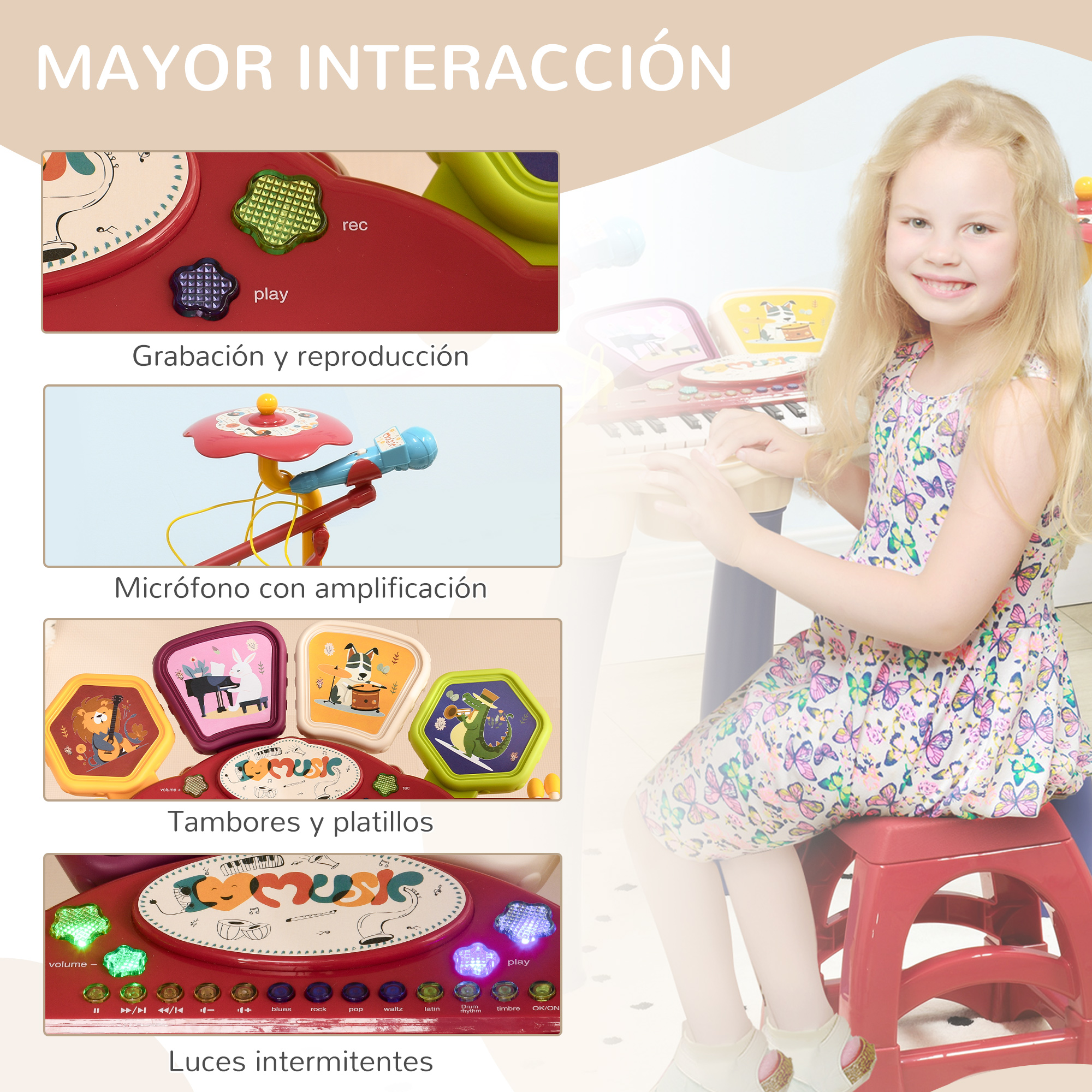 Una niña sonriente toca un piano de juguete. El juguete incluye botones, un micrófono, tambores y luces intermitentes.