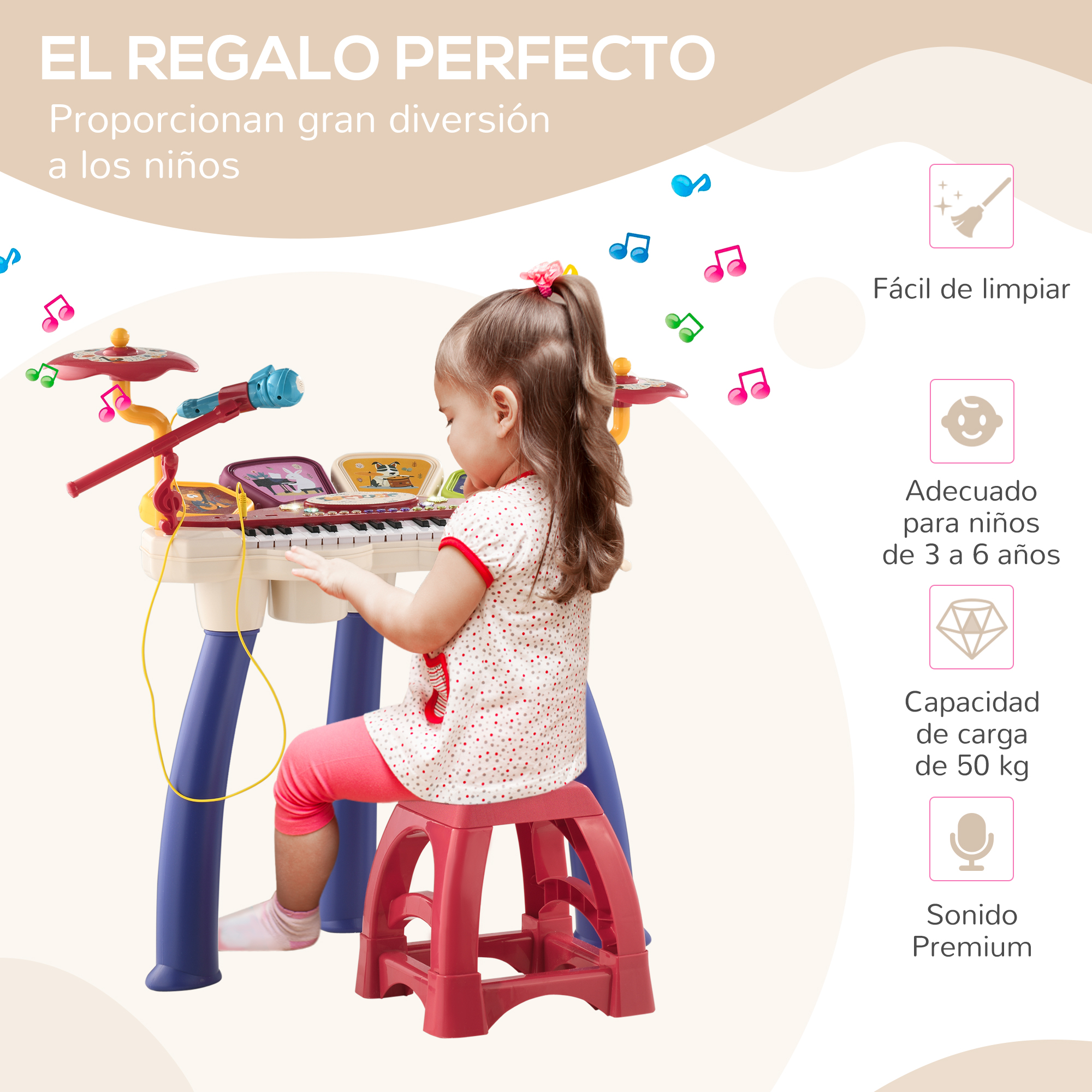 Una niña toca un piano de juguete. El piano es rojo, azul y amarillo. Hay notas musicales alrededor.